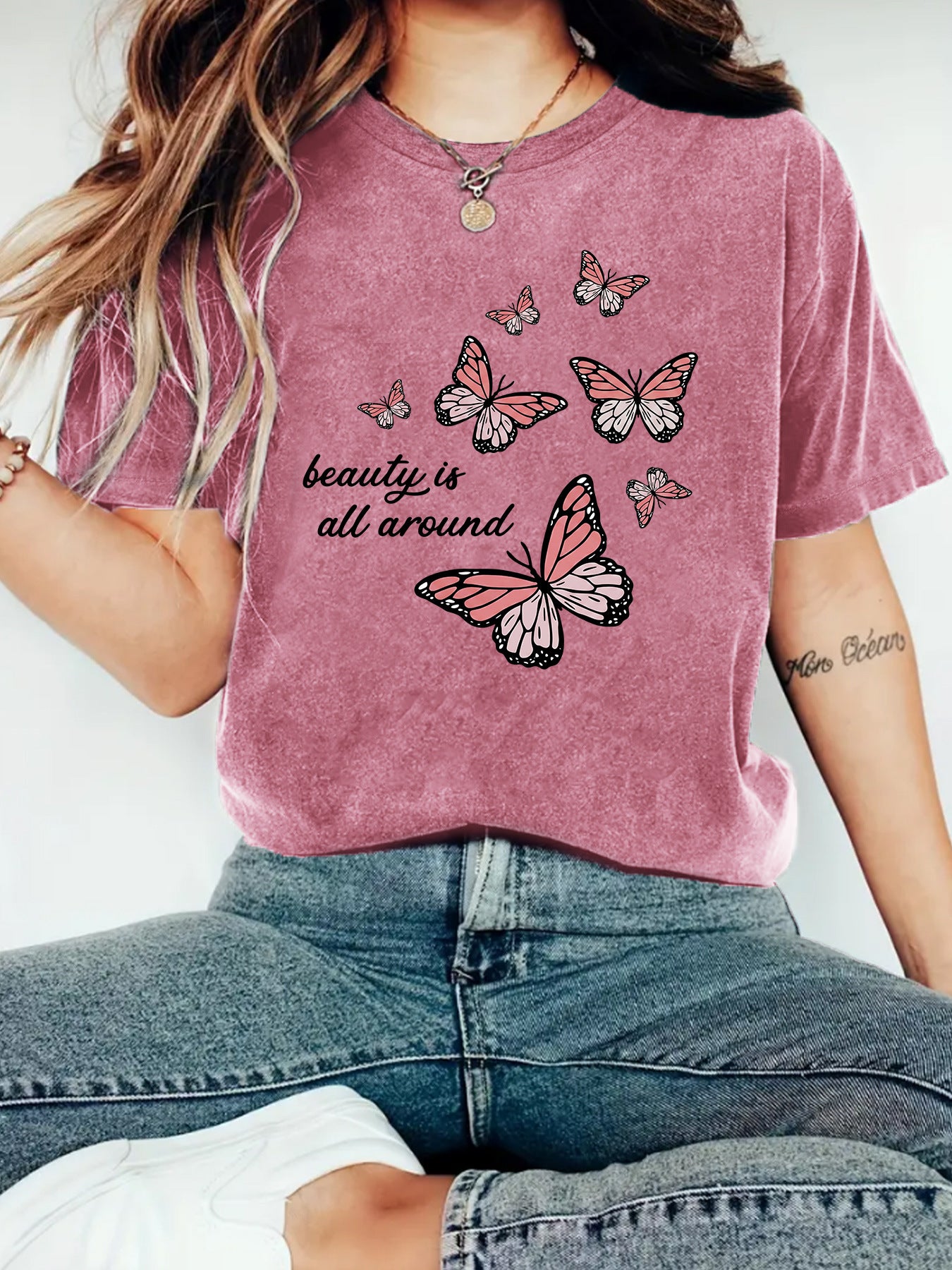Casual Butterfly Short Sleeve T-shirt Featuring Cotton Fabric With Printing Design