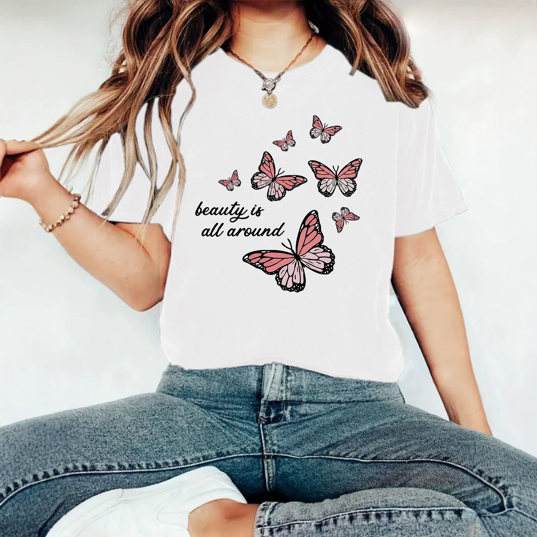 Casual Butterfly Short Sleeve T-shirt Featuring Cotton Fabric With Printing Design