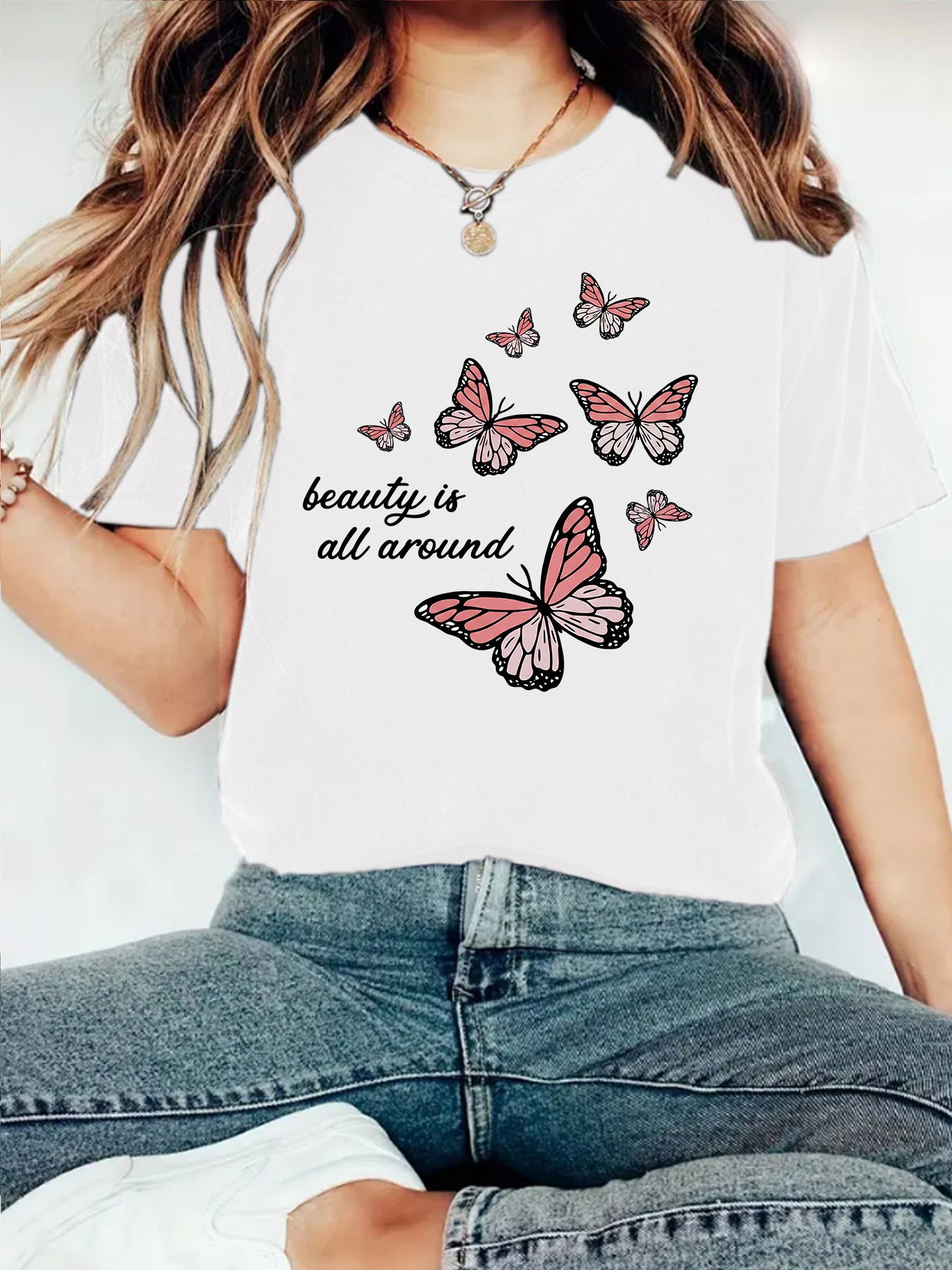 Casual Butterfly Short Sleeve T-shirt Featuring Cotton Fabric With Printing Design