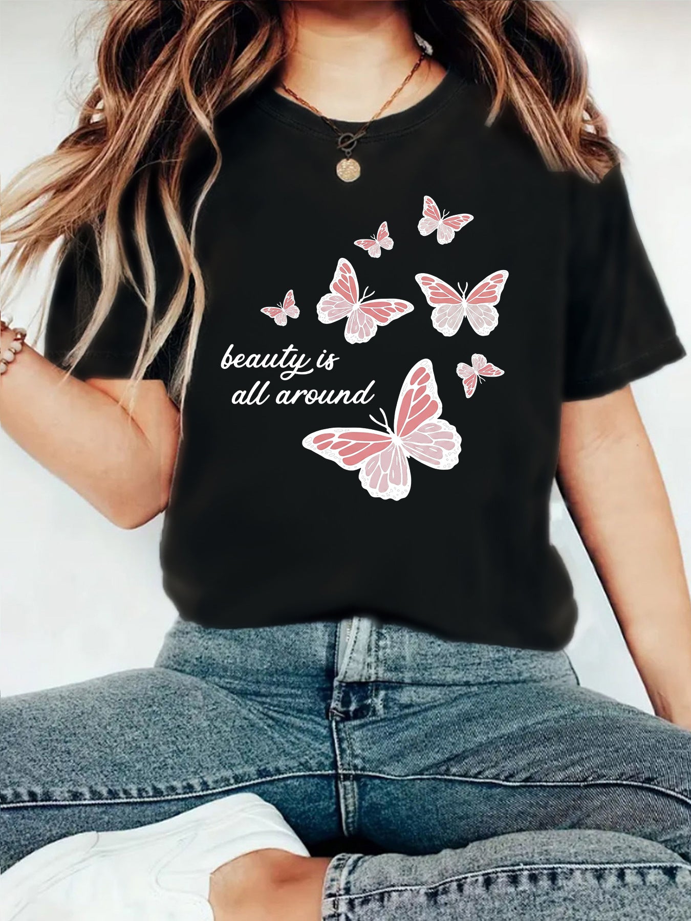 Casual Butterfly Short Sleeve T-shirt Featuring Cotton Fabric With Printing Design