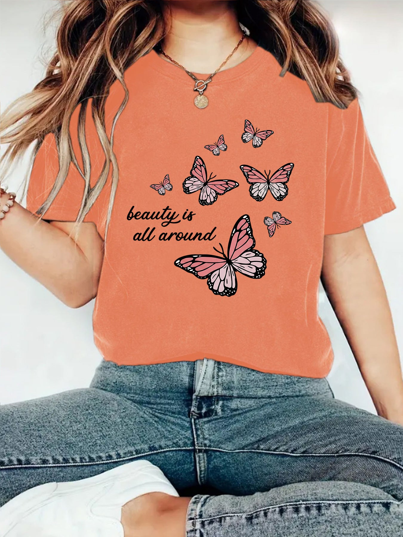 Casual Butterfly Short Sleeve T-shirt Featuring Cotton Fabric With Printing Design
