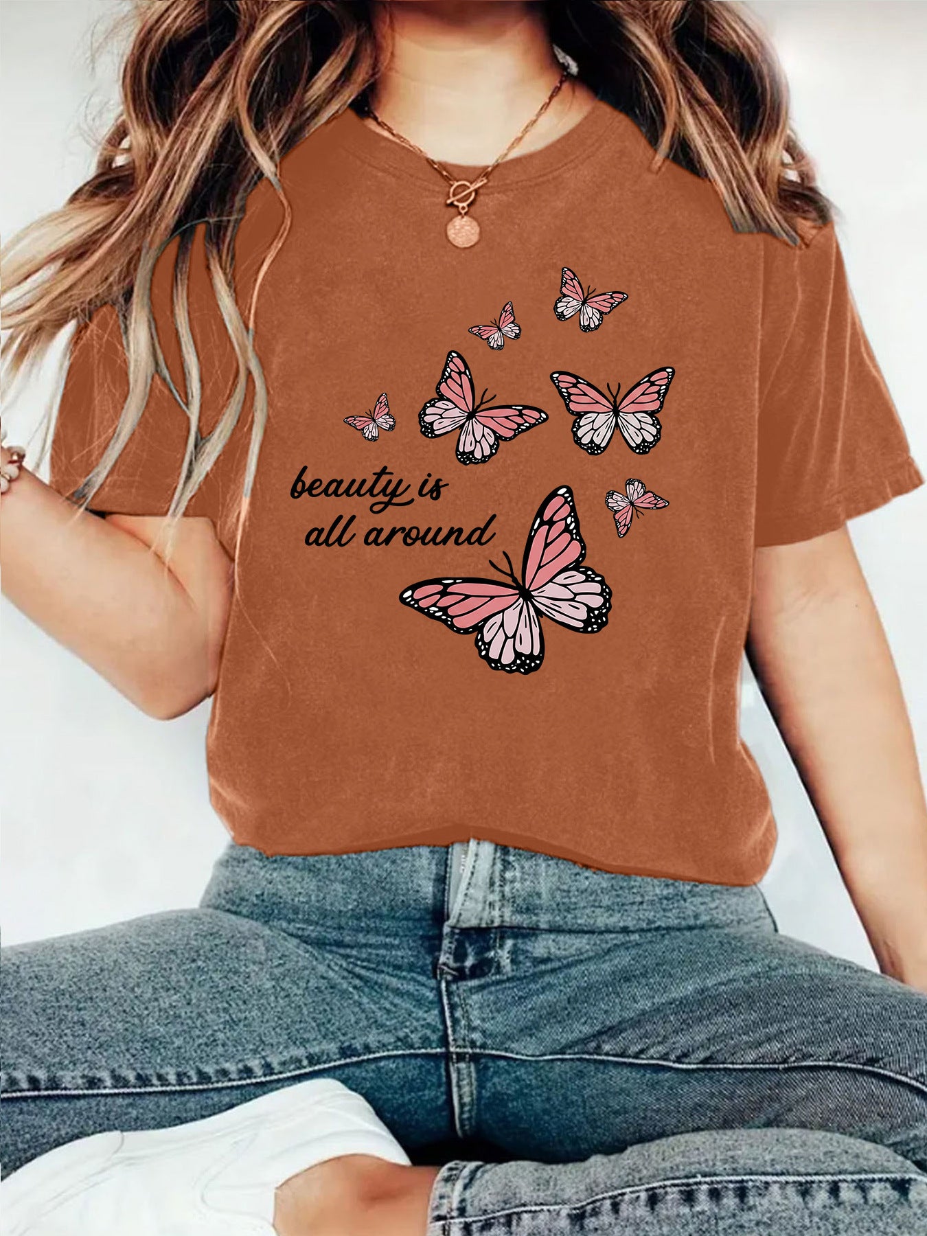 Casual Butterfly Short Sleeve T-shirt Featuring Cotton Fabric With Printing Design