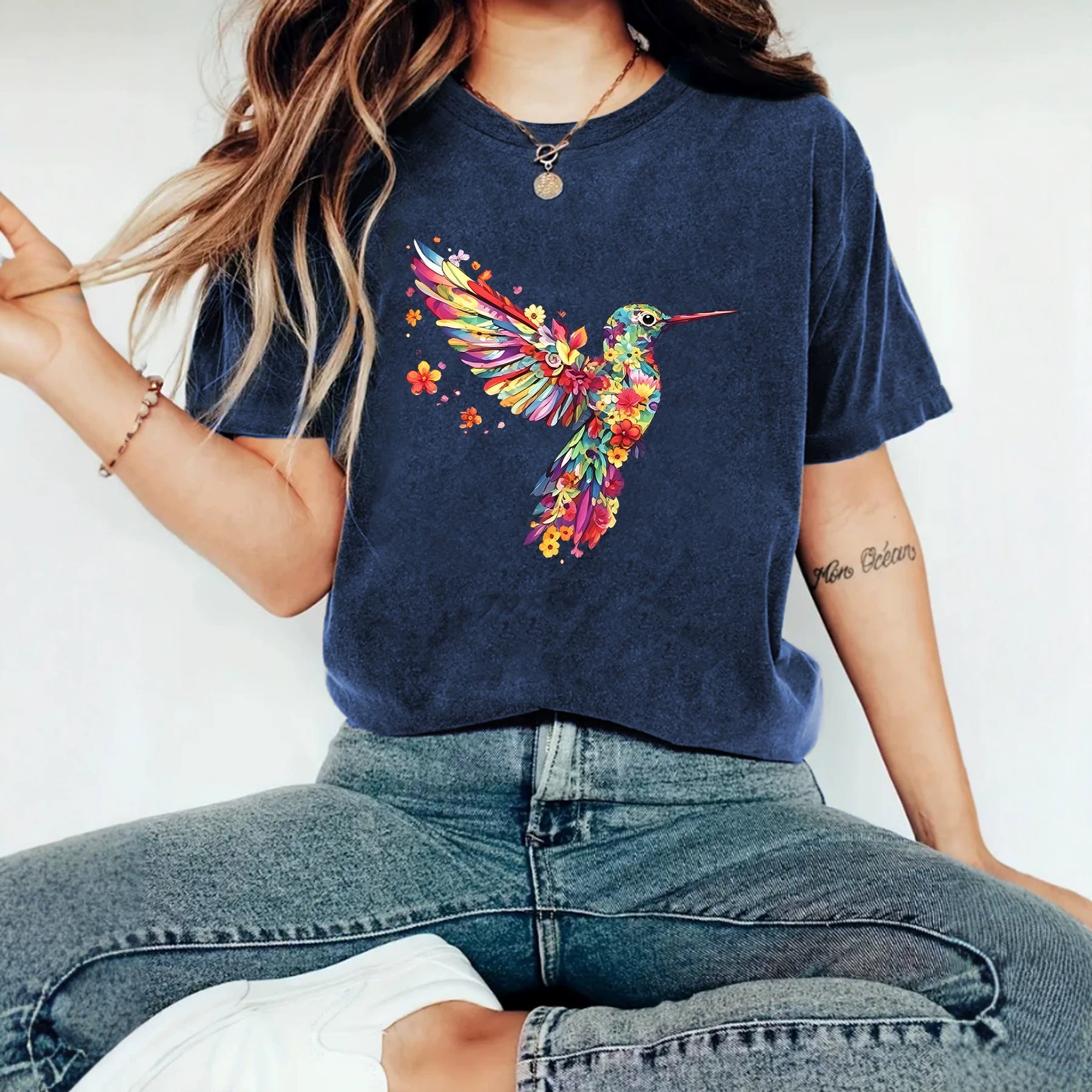 Hummingbird Casual Short Sleeve T-shirt In Cotton With Printing