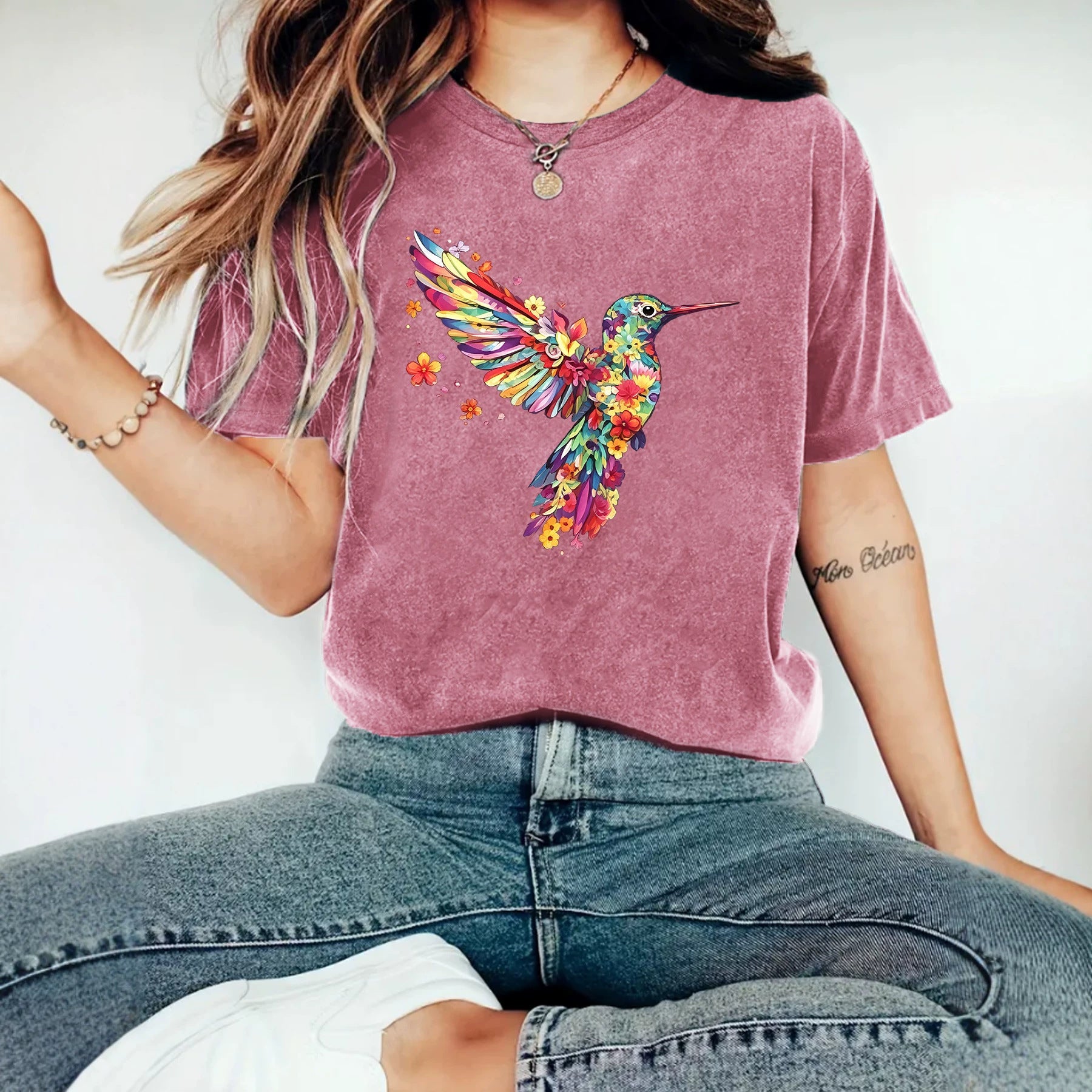 Hummingbird Casual Short Sleeve T-shirt In Cotton With Printing