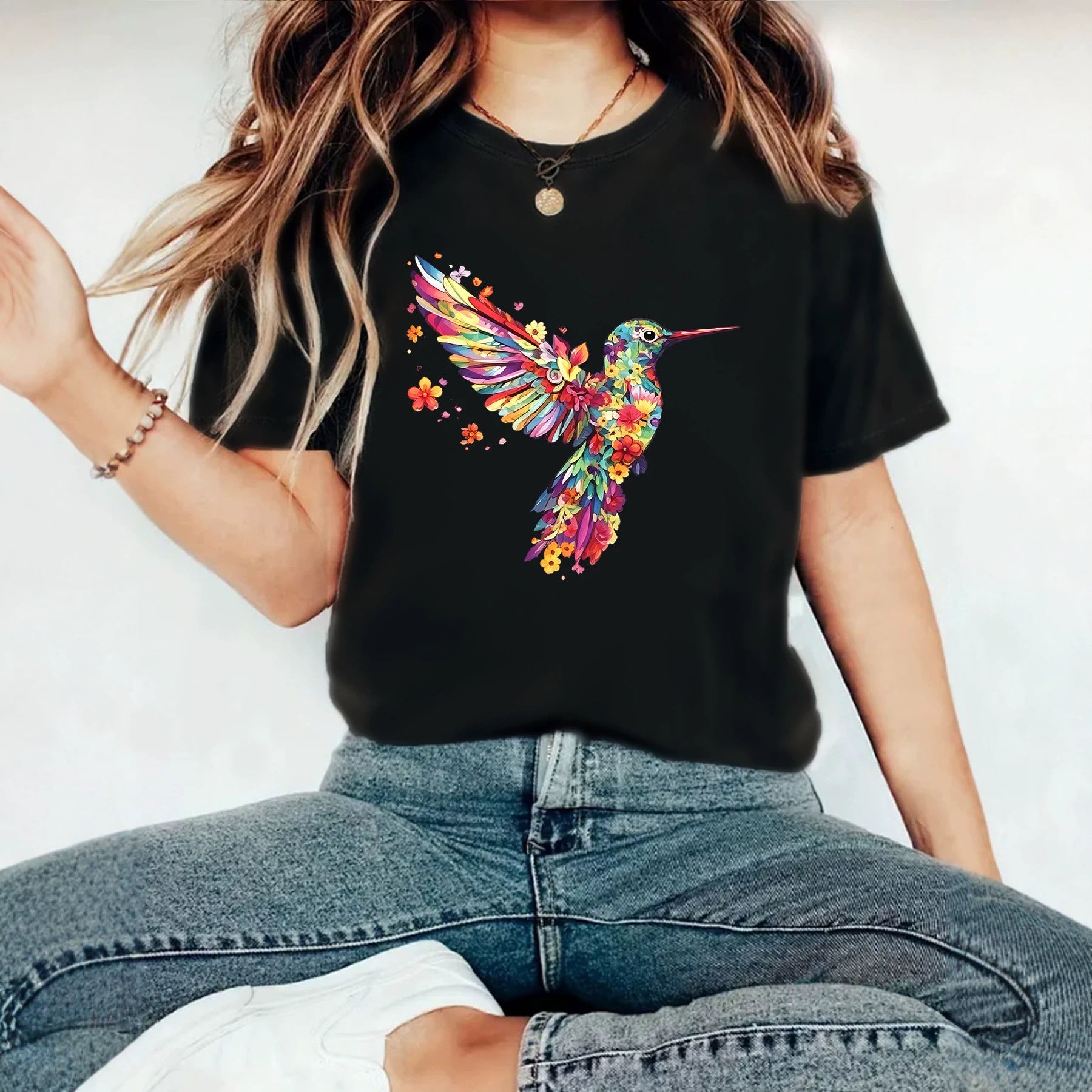 Hummingbird Casual Short Sleeve T-shirt In Cotton With Printing