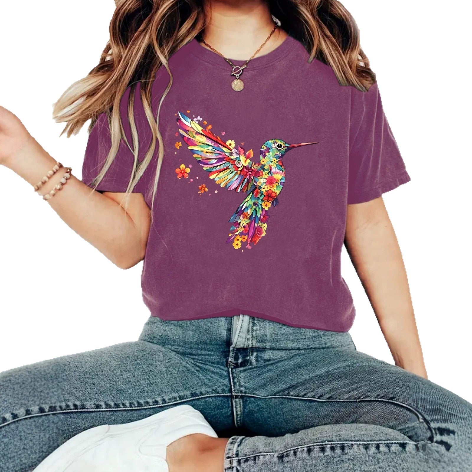 Hummingbird Casual Short Sleeve T-shirt In Cotton With Printing