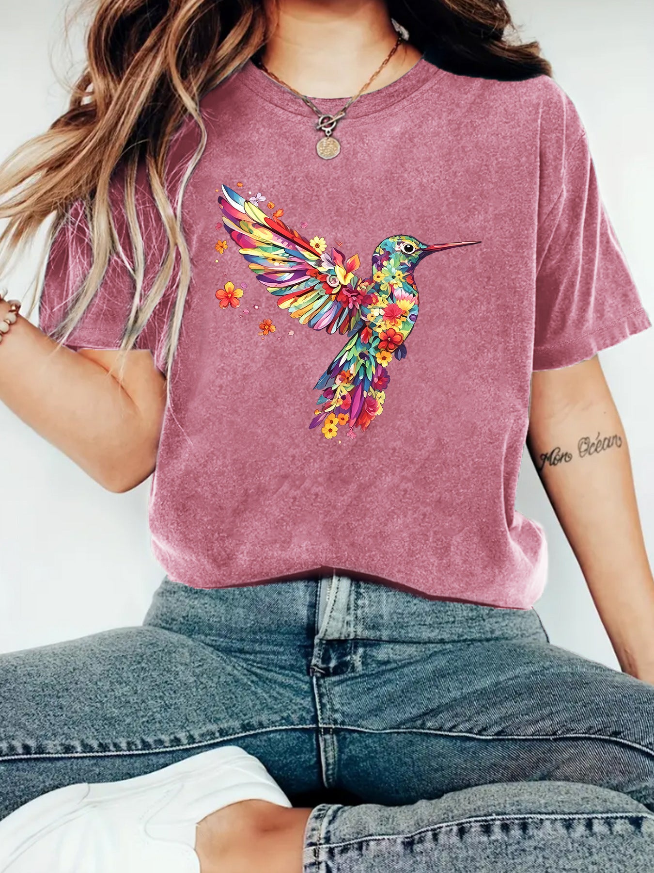 Hummingbird Casual Short Sleeve T-shirt In Cotton With Printing