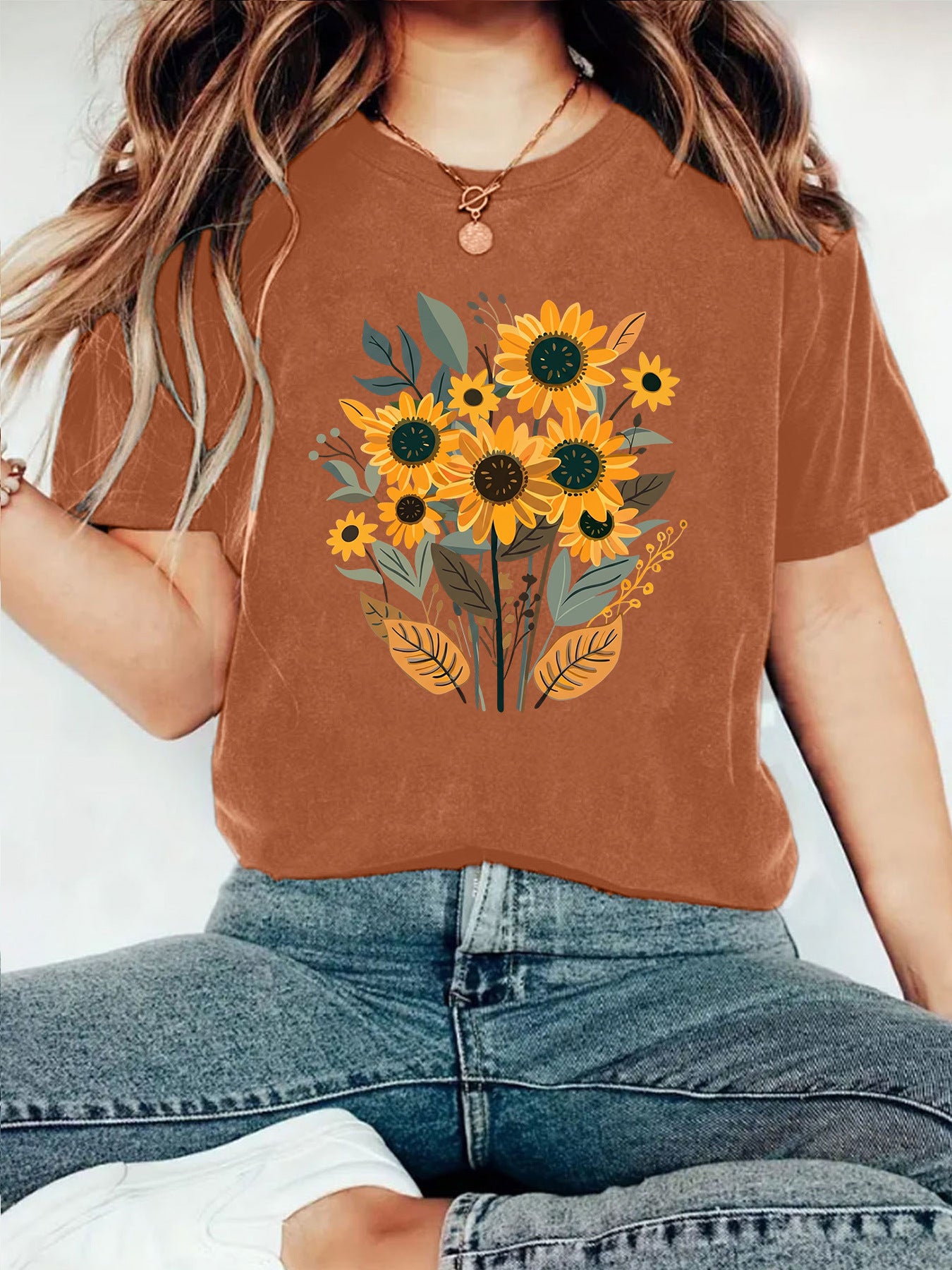 Casual Short Sleeve Cotton T-shirt For Women Featuring Plant Printing