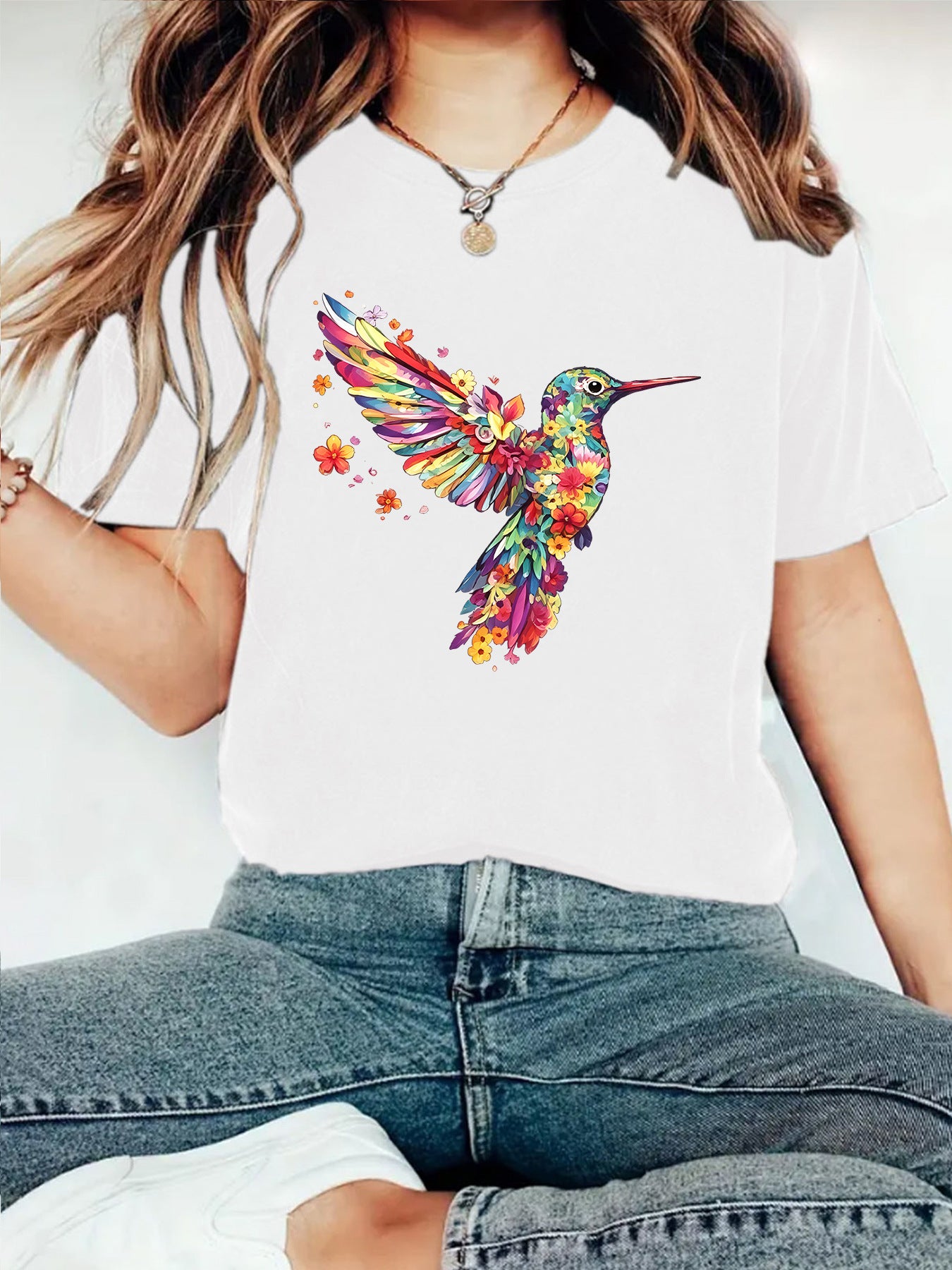 Hummingbird Casual Short Sleeve T-shirt In Cotton With Printing