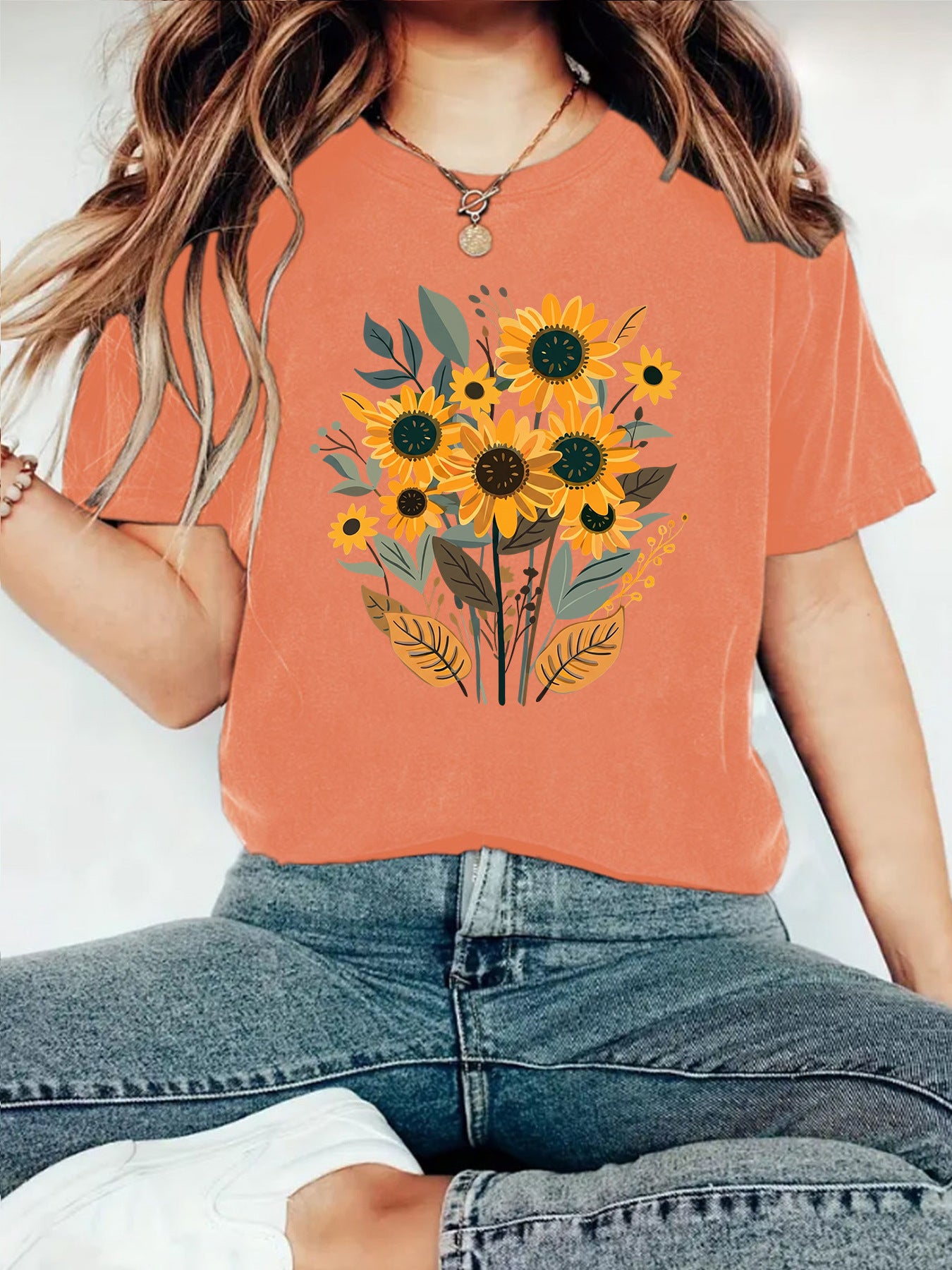 Casual Short Sleeve Cotton T-shirt For Women Featuring Plant Printing
