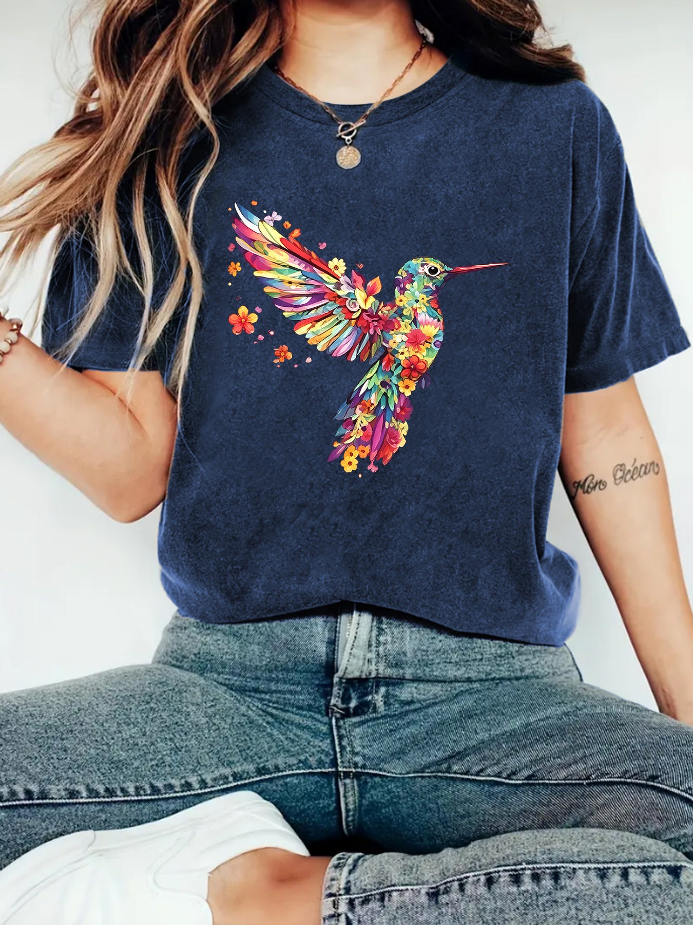 Hummingbird Casual Short Sleeve T-shirt In Cotton With Printing