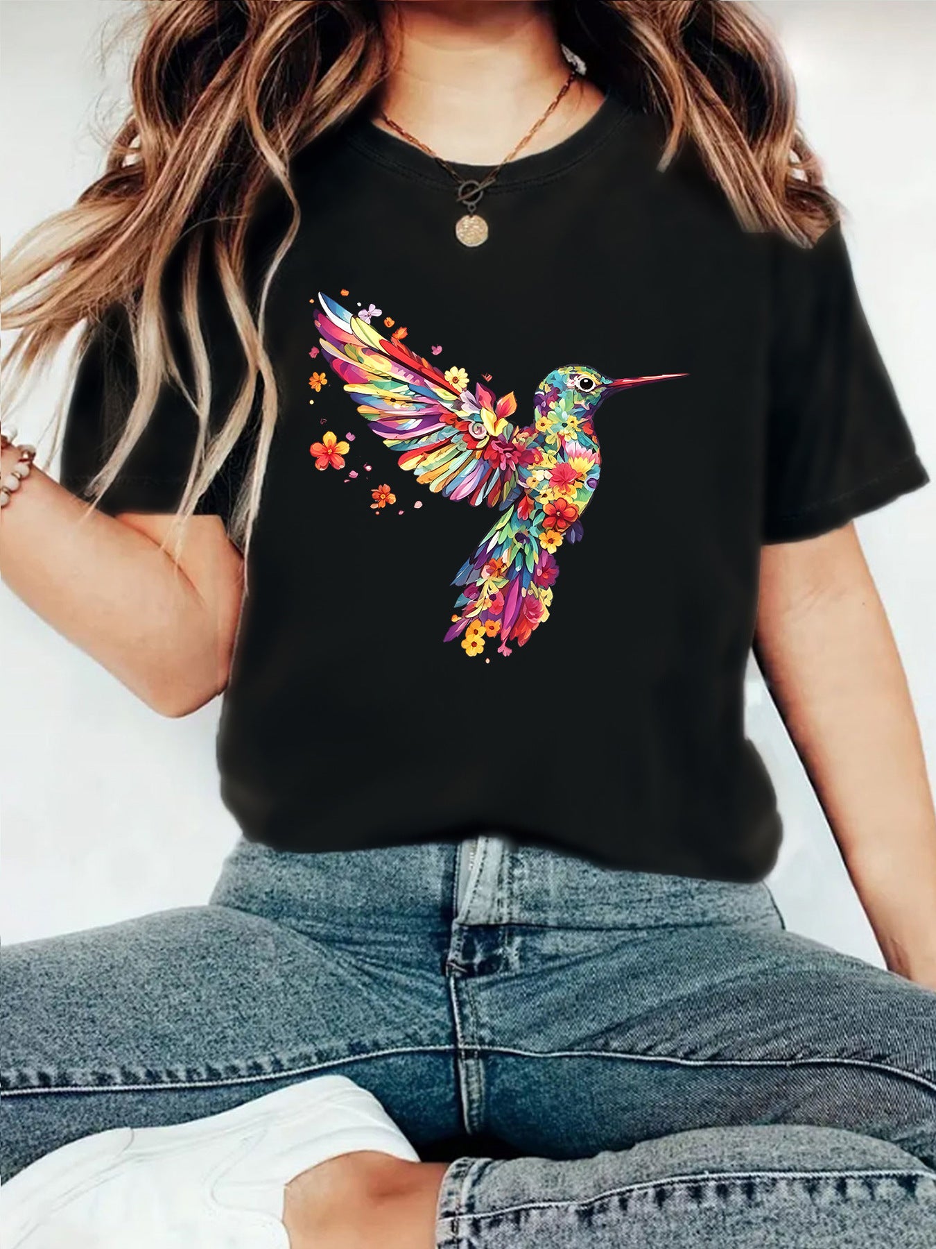 Hummingbird Casual Short Sleeve T-shirt In Cotton With Printing