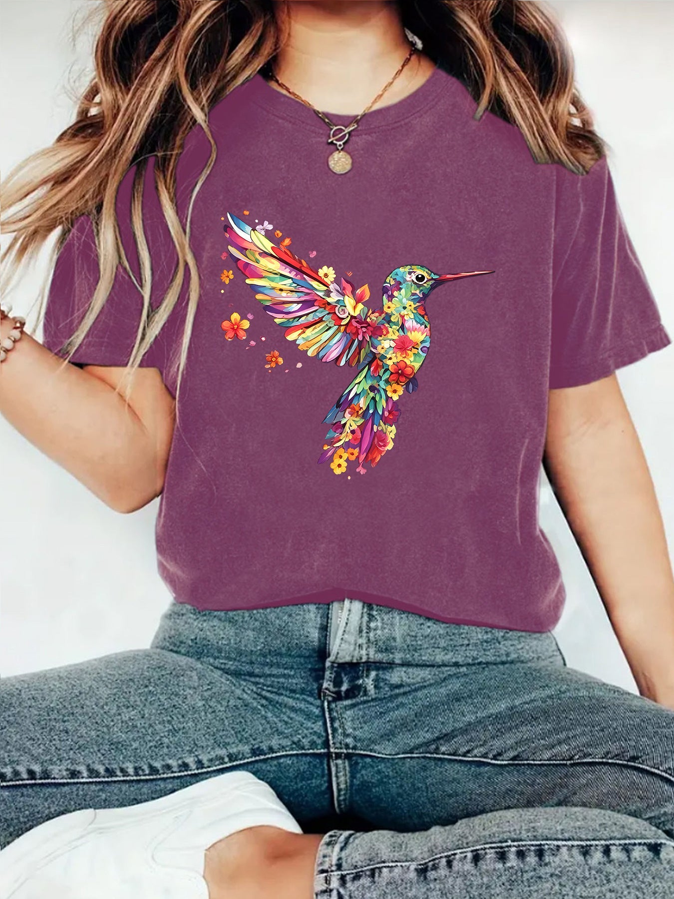 Hummingbird Casual Short Sleeve T-shirt In Cotton With Printing