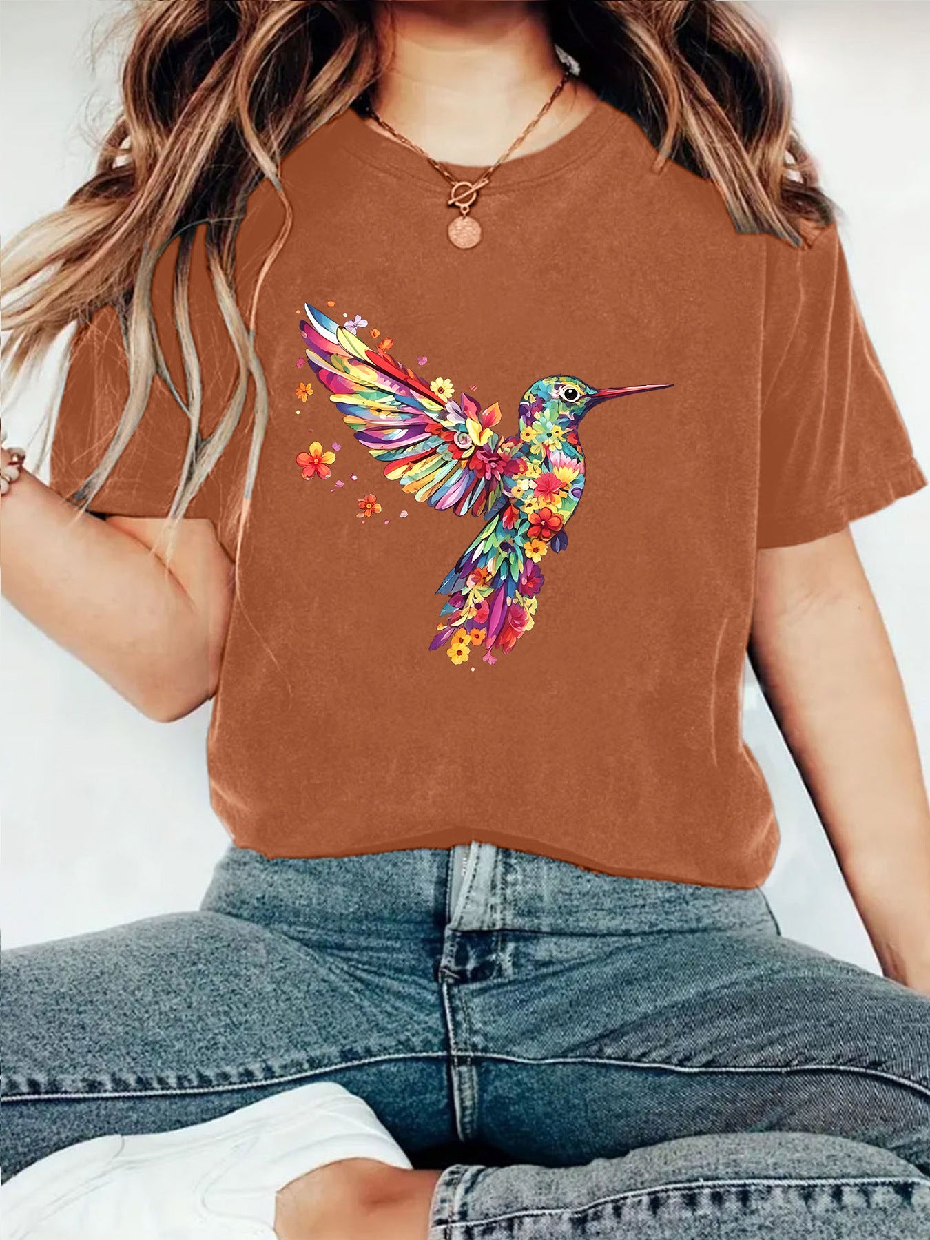 Hummingbird Casual Short Sleeve T-shirt In Cotton With Printing