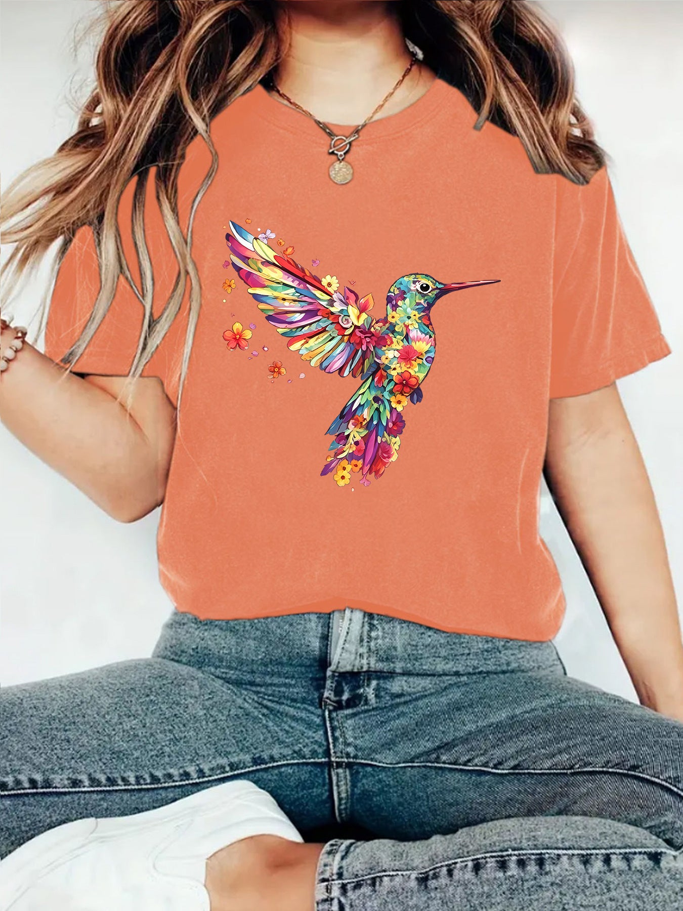 Hummingbird Casual Short Sleeve T-shirt In Cotton With Printing