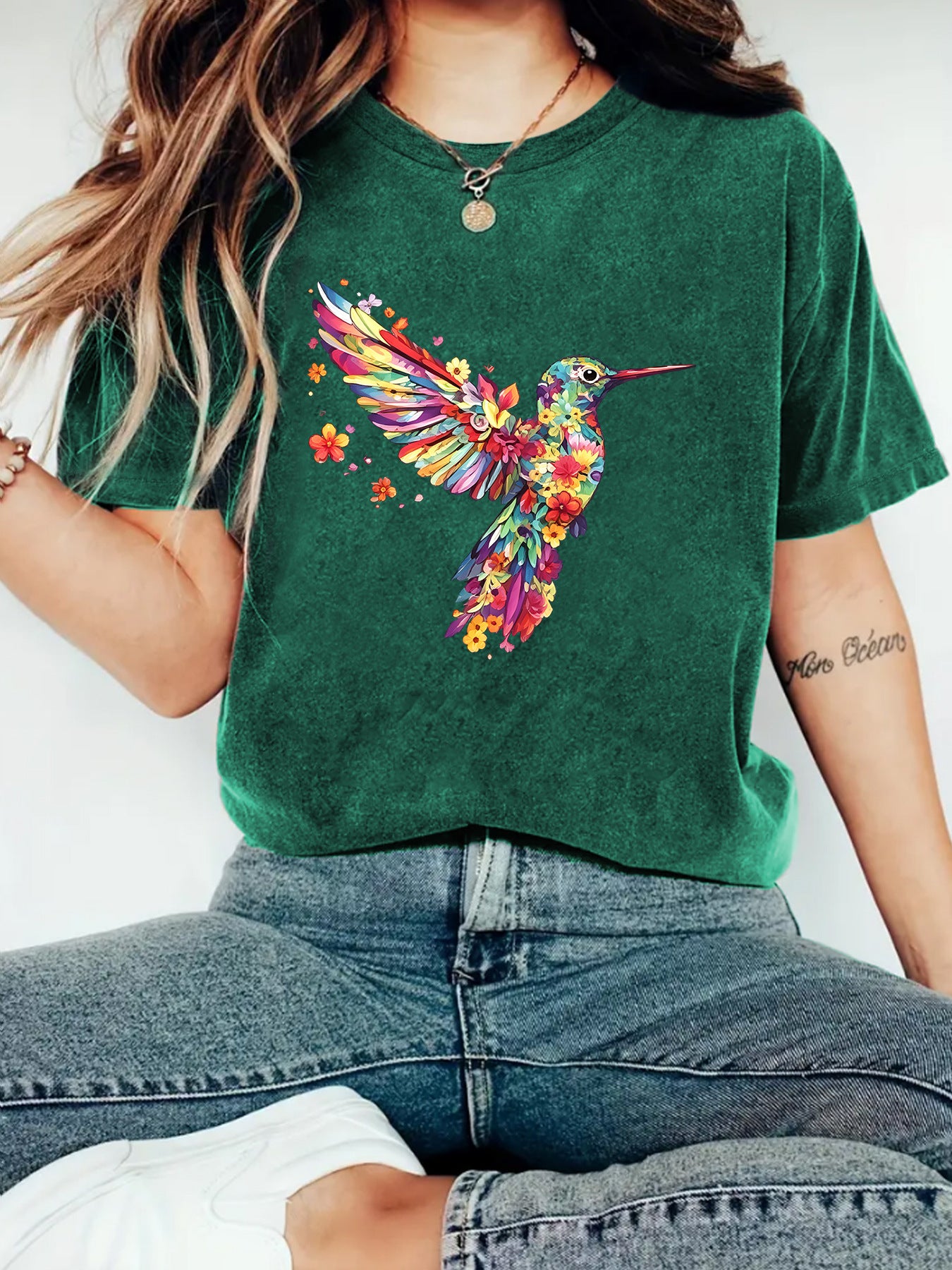 Hummingbird Casual Short Sleeve T-shirt In Cotton With Printing