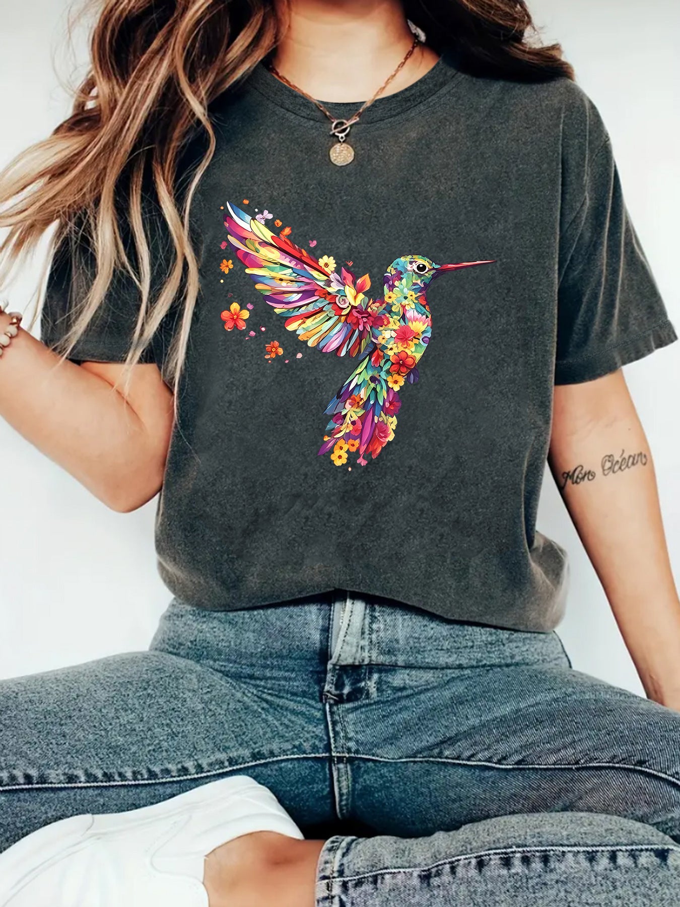 Hummingbird Casual Short Sleeve T-shirt In Cotton With Printing