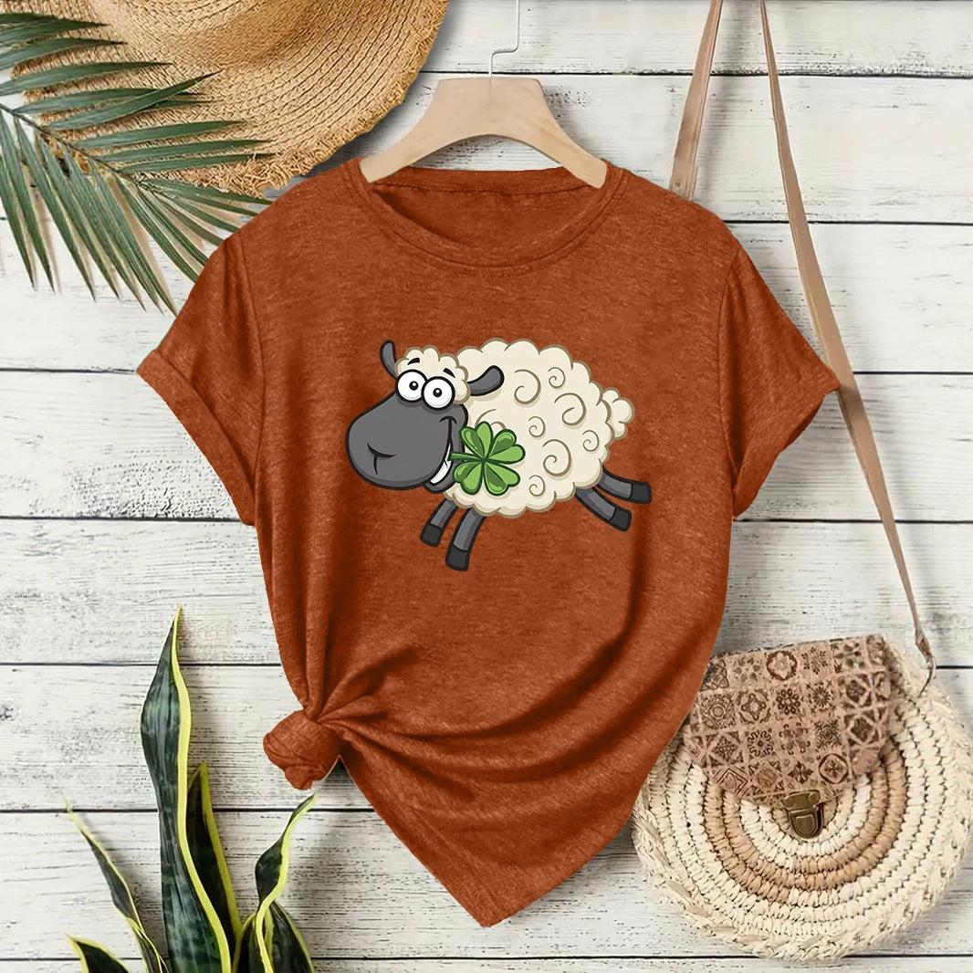 Casual Sheep T-shirt With Short Sleeve In Cotton Featuring Printing