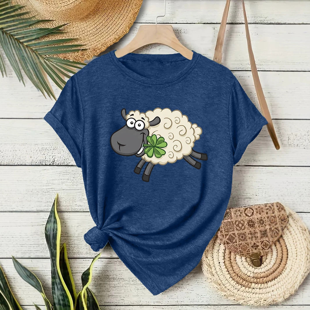 Casual Sheep T-shirt With Short Sleeve In Cotton Featuring Printing