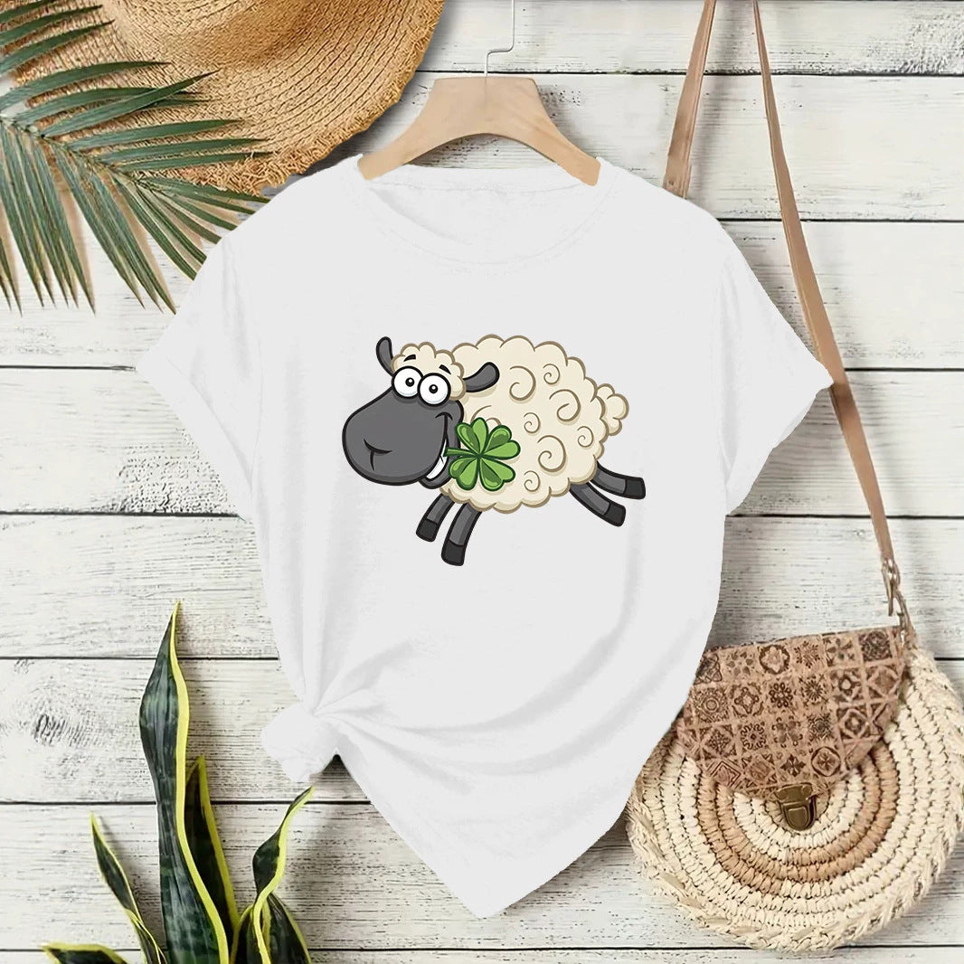 Casual Sheep T-shirt With Short Sleeve In Cotton Featuring Printing