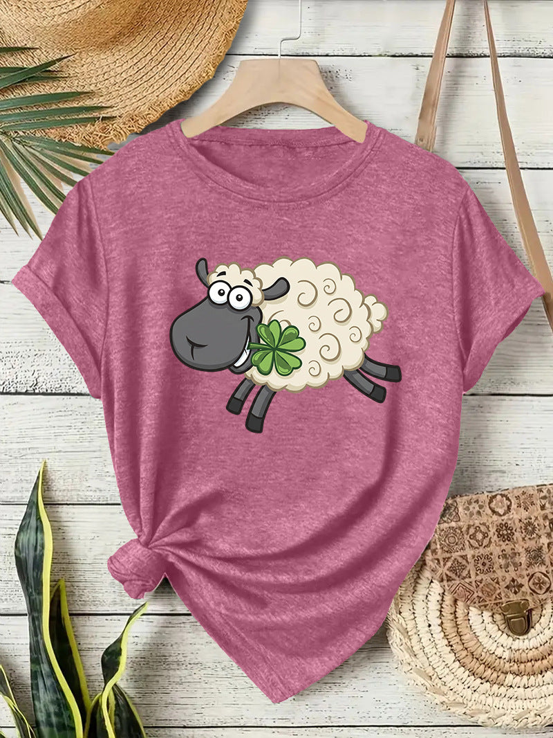 Casual Sheep T-shirt With Short Sleeve In Cotton Featuring Printing