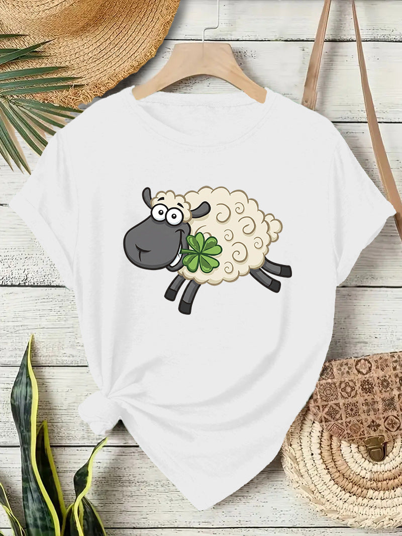 Casual Sheep T-shirt With Short Sleeve In Cotton Featuring Printing