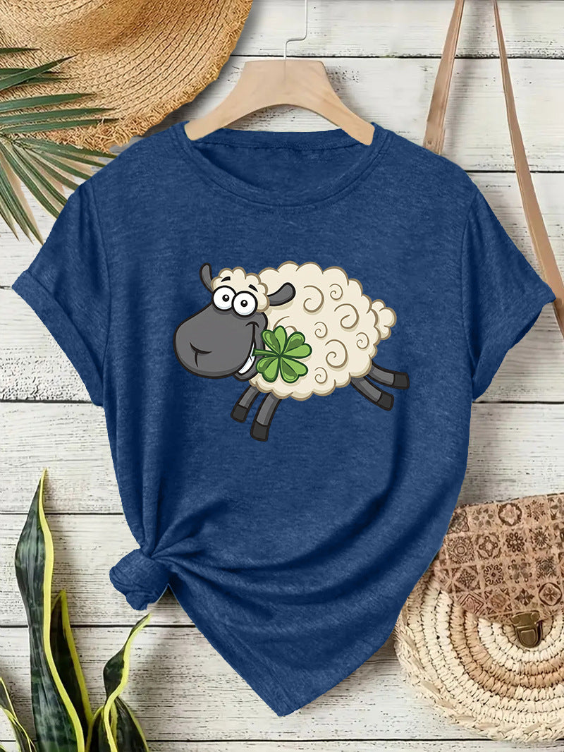 Casual Sheep T-shirt With Short Sleeve In Cotton Featuring Printing