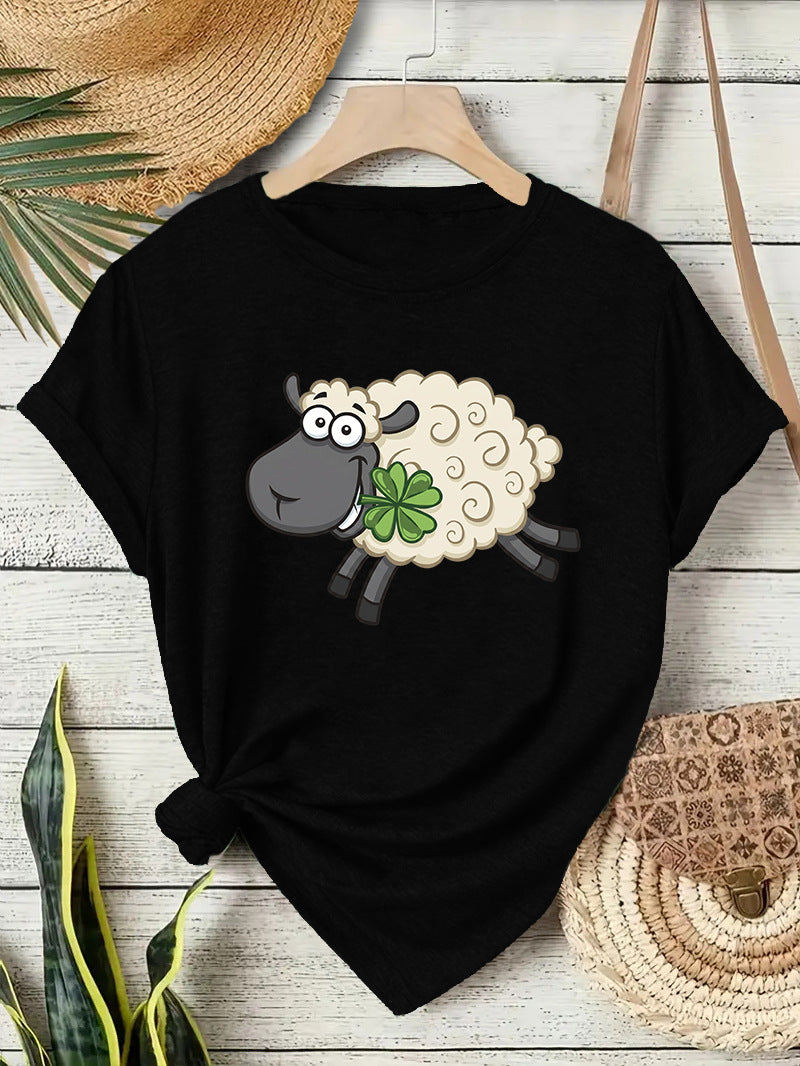 Casual Sheep T-shirt With Short Sleeve In Cotton Featuring Printing