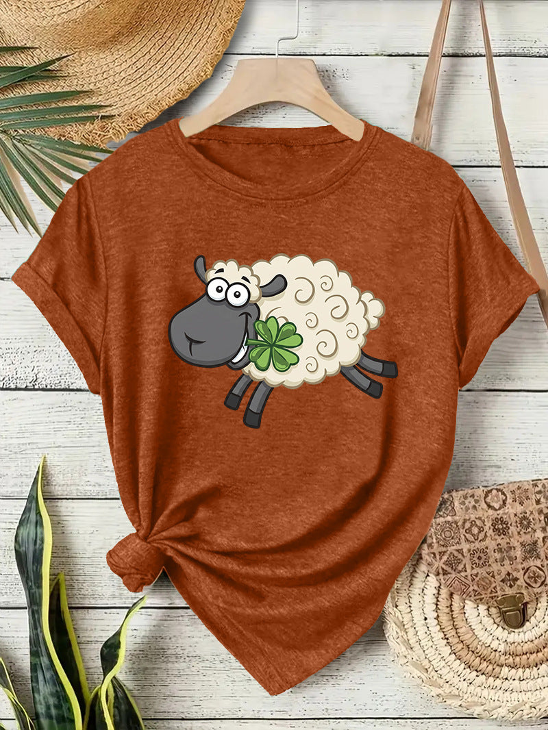 Casual Sheep T-shirt With Short Sleeve In Cotton Featuring Printing