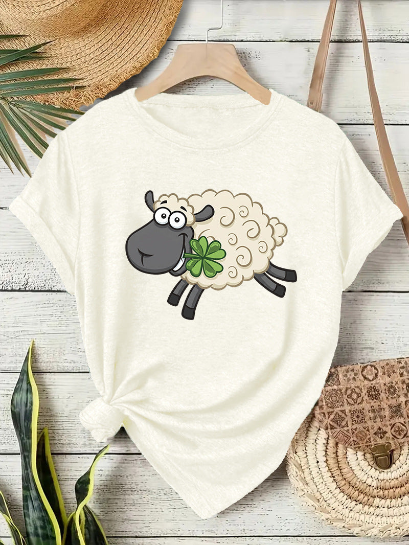 Casual Sheep T-shirt With Short Sleeve In Cotton Featuring Printing