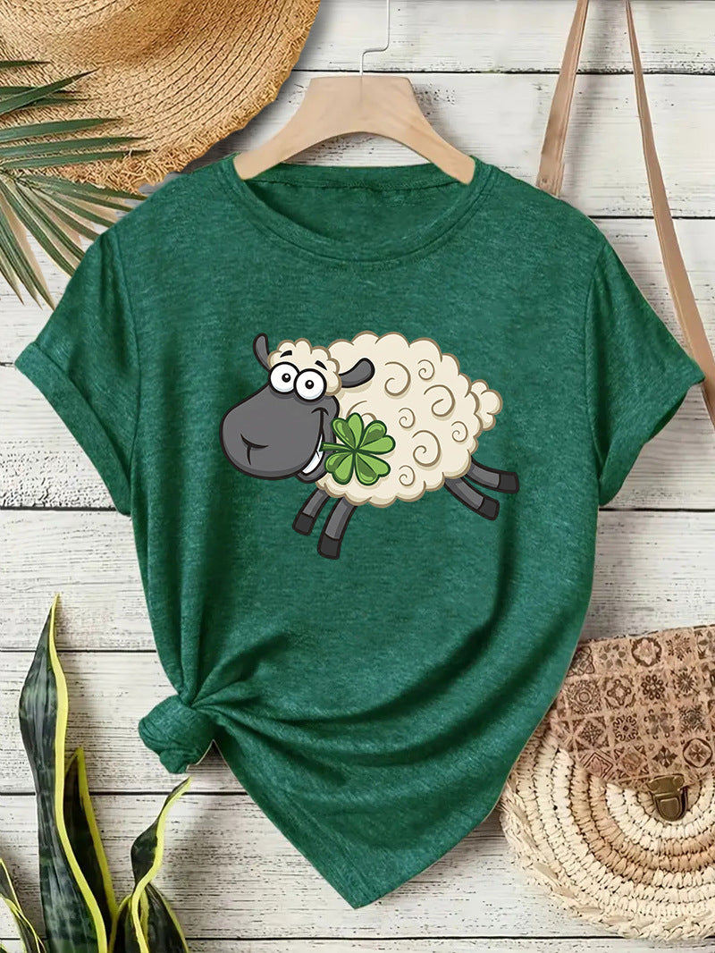 Casual Sheep T-shirt With Short Sleeve In Cotton Featuring Printing