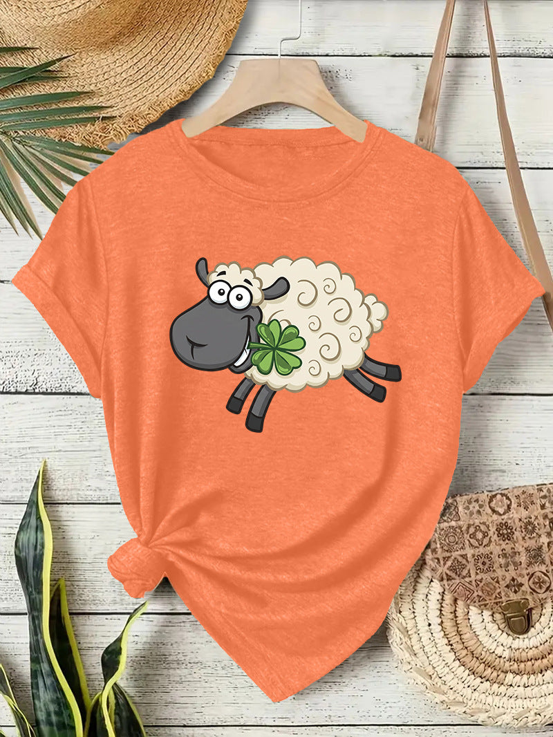 Casual Sheep T-shirt With Short Sleeve In Cotton Featuring Printing