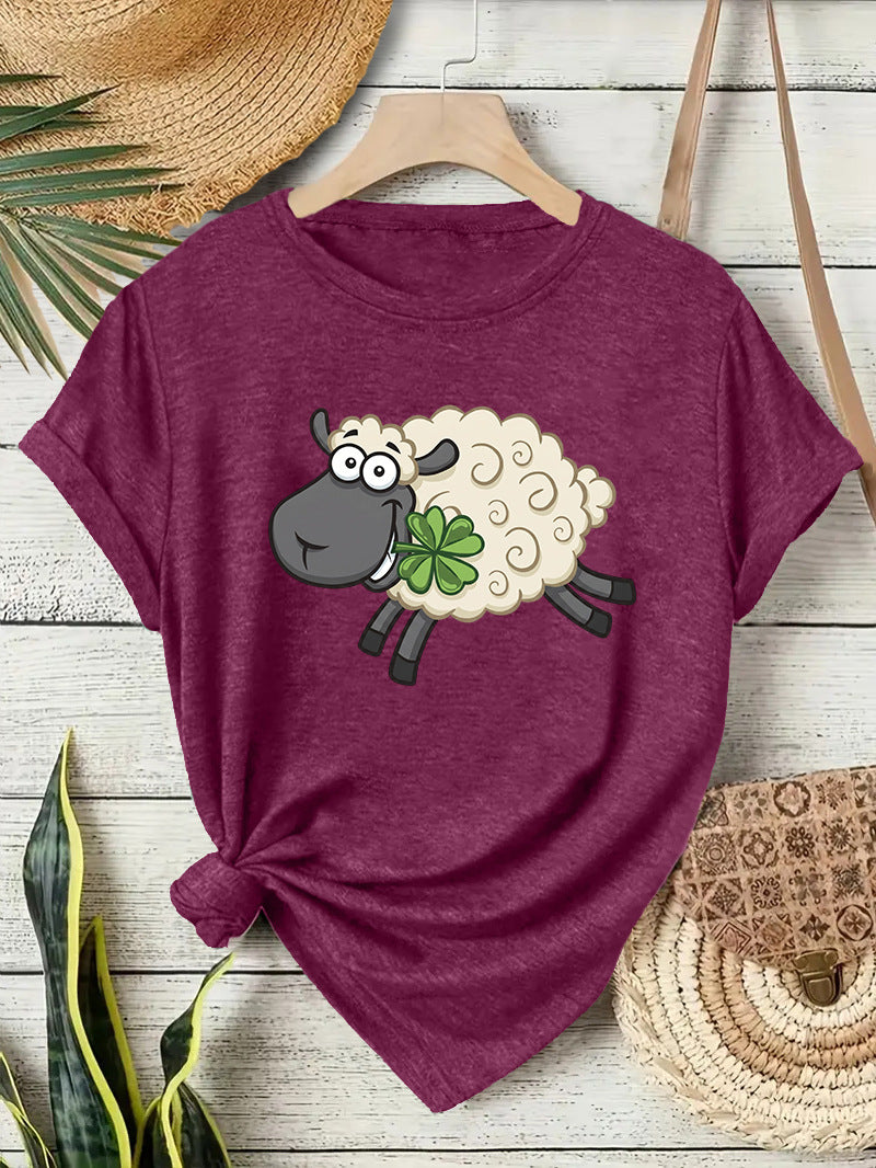 Casual Sheep T-shirt With Short Sleeve In Cotton Featuring Printing