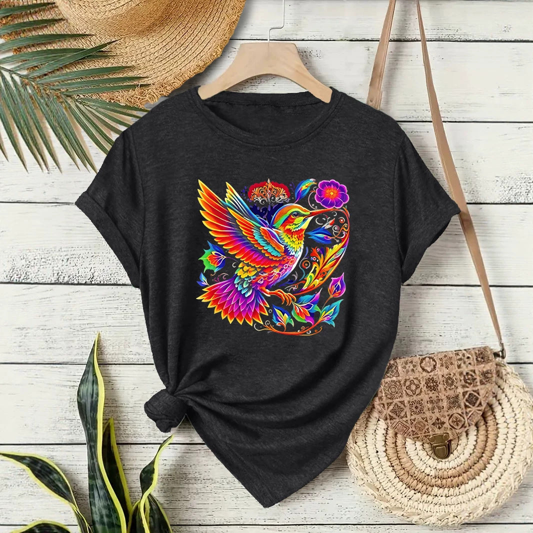 Hummingbird Casual Short Sleeve T-shirt In Cotton Featuring Printing