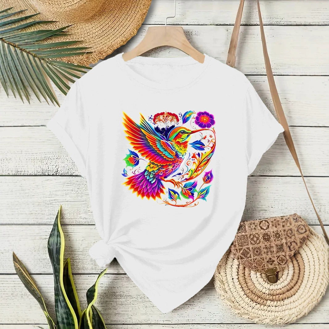 Hummingbird Casual Short Sleeve T-shirt In Cotton Featuring Printing