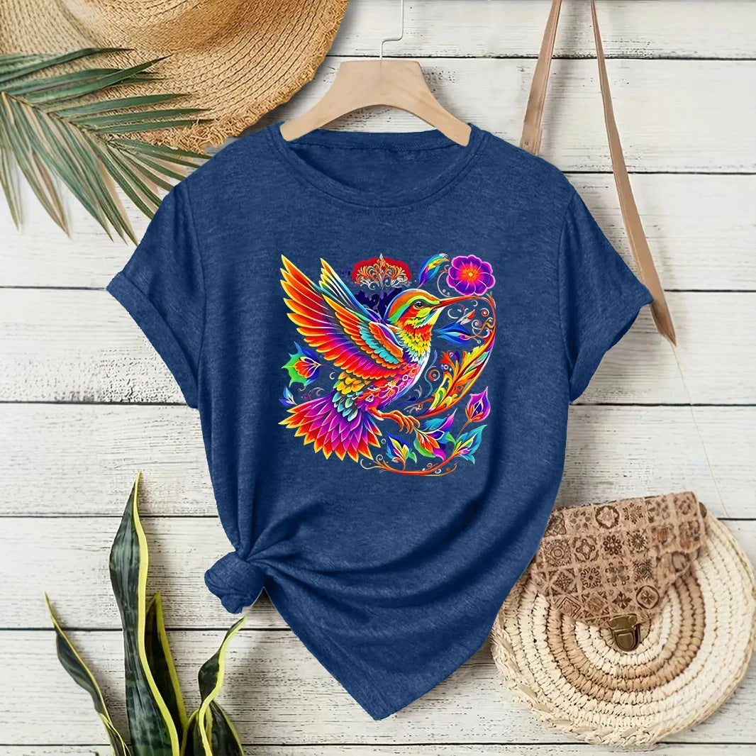 Hummingbird Casual Short Sleeve T-shirt In Cotton Featuring Printing