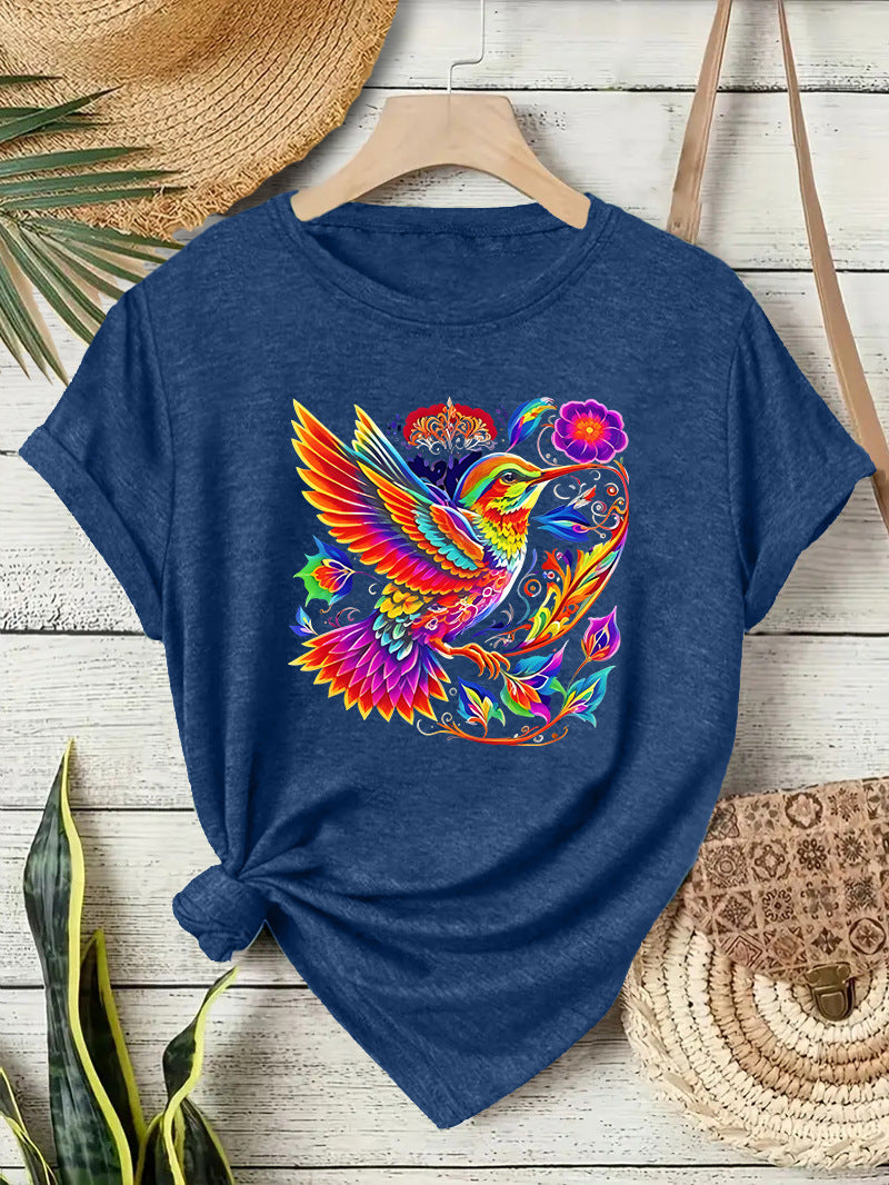 Hummingbird Casual Short Sleeve T-shirt In Cotton Featuring Printing