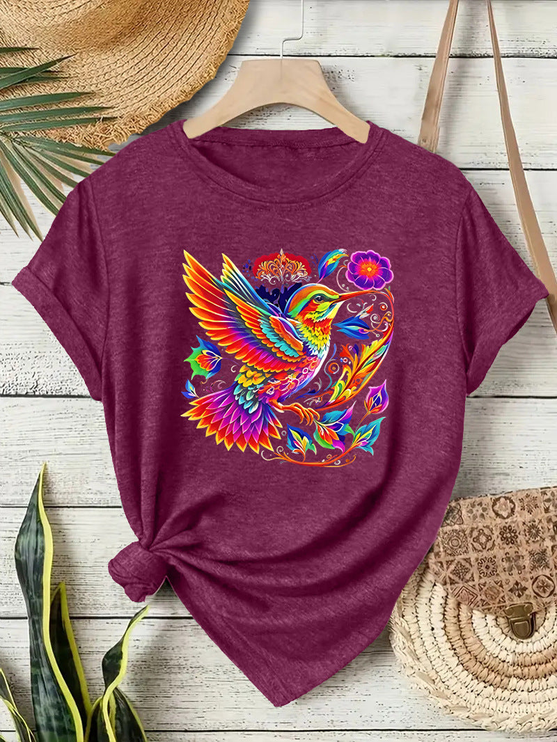 Hummingbird Casual Short Sleeve T-shirt In Cotton Featuring Printing