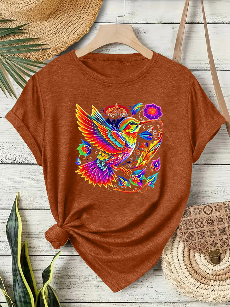 Hummingbird Casual Short Sleeve T-shirt In Cotton Featuring Printing