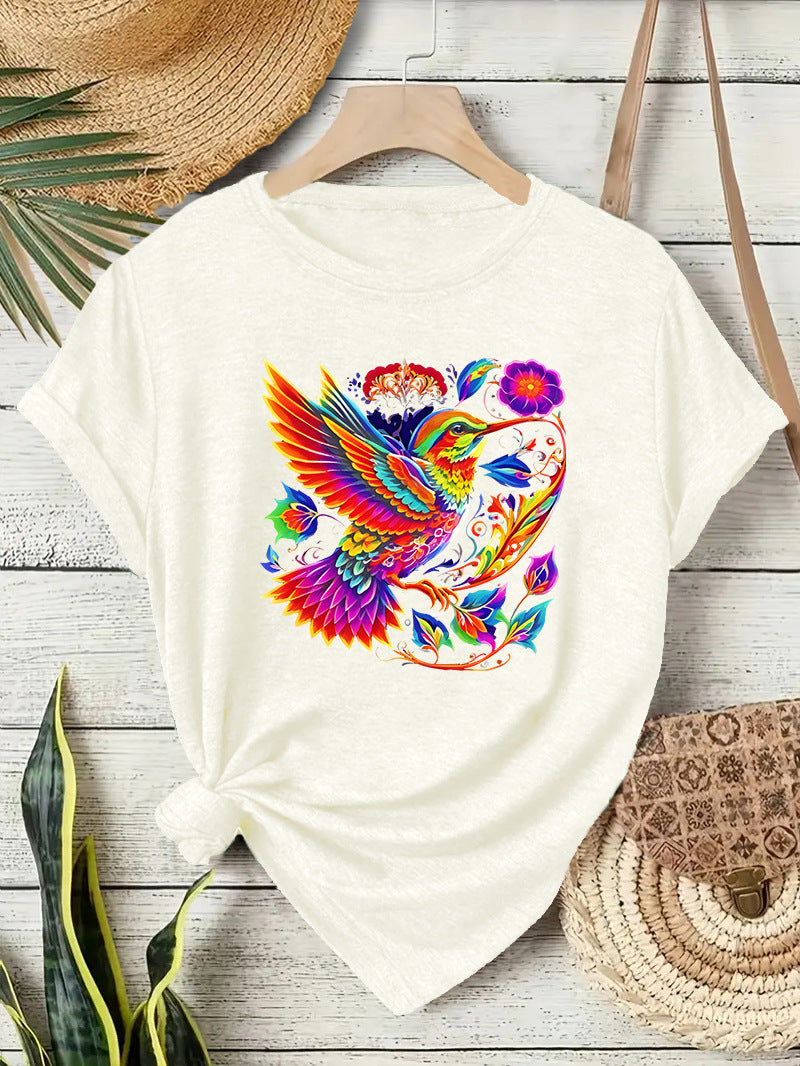 Hummingbird Casual Short Sleeve T-shirt In Cotton Featuring Printing