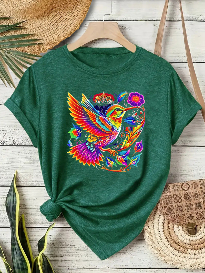 Hummingbird Casual Short Sleeve T-shirt In Cotton Featuring Printing