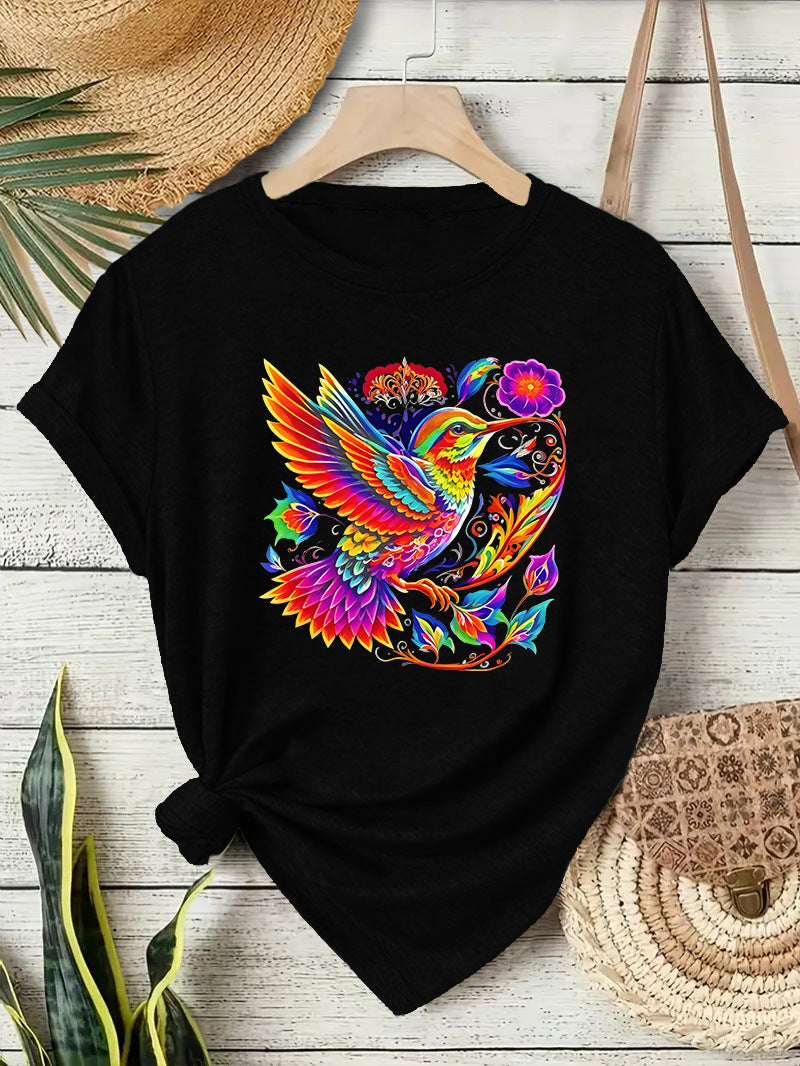 Hummingbird Casual Short Sleeve T-shirt In Cotton Featuring Printing