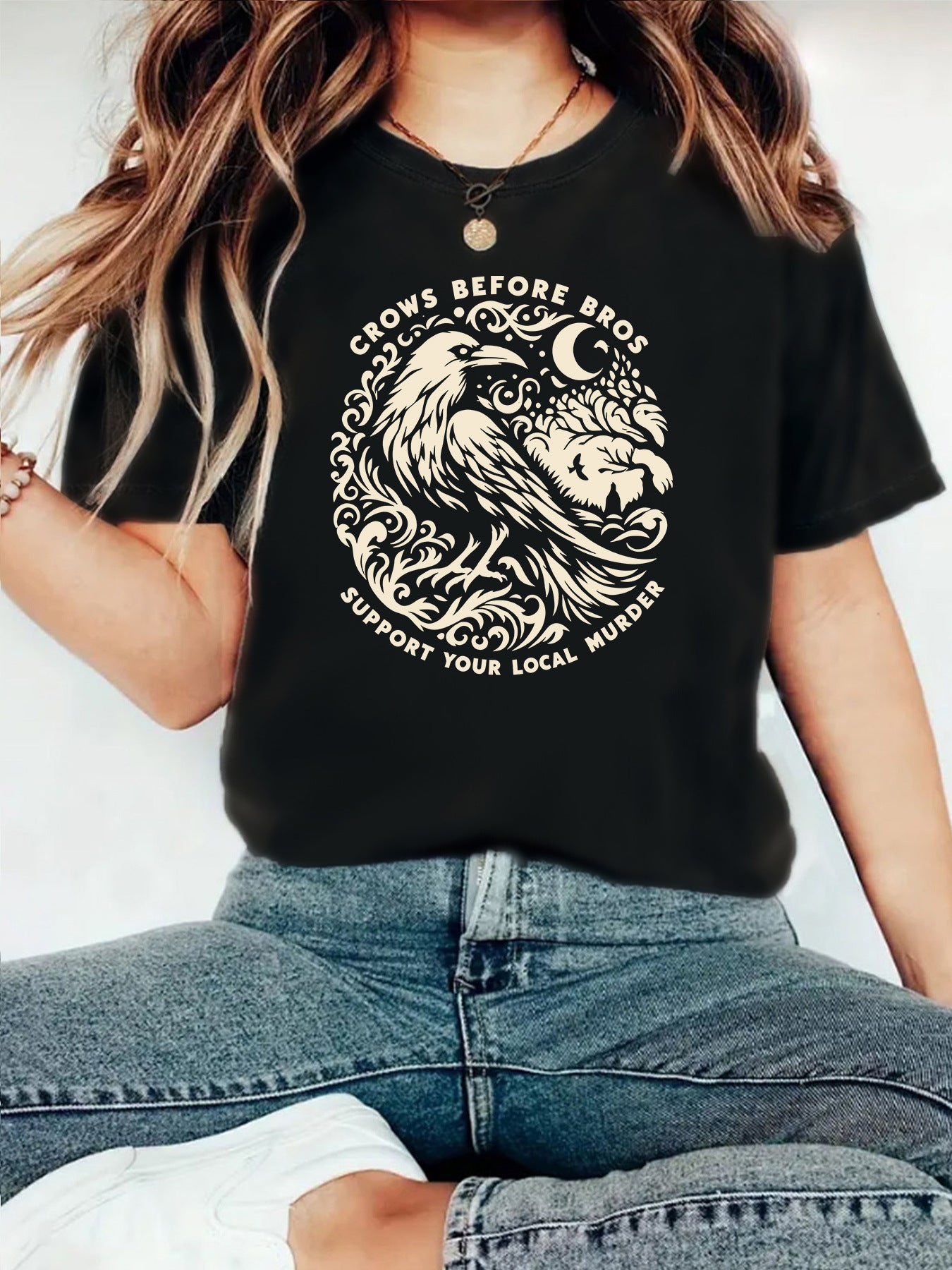Crow Casual Short Sleeve T-shirt In Cotton Featuring Printing