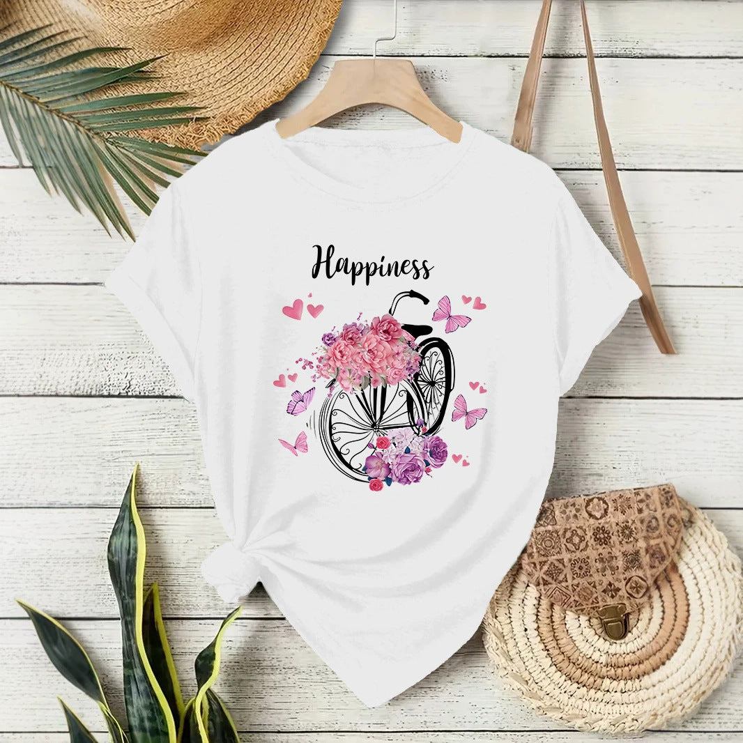 Casual Flowers T-shirt With Short Sleeve In Cotton Featuring Printing