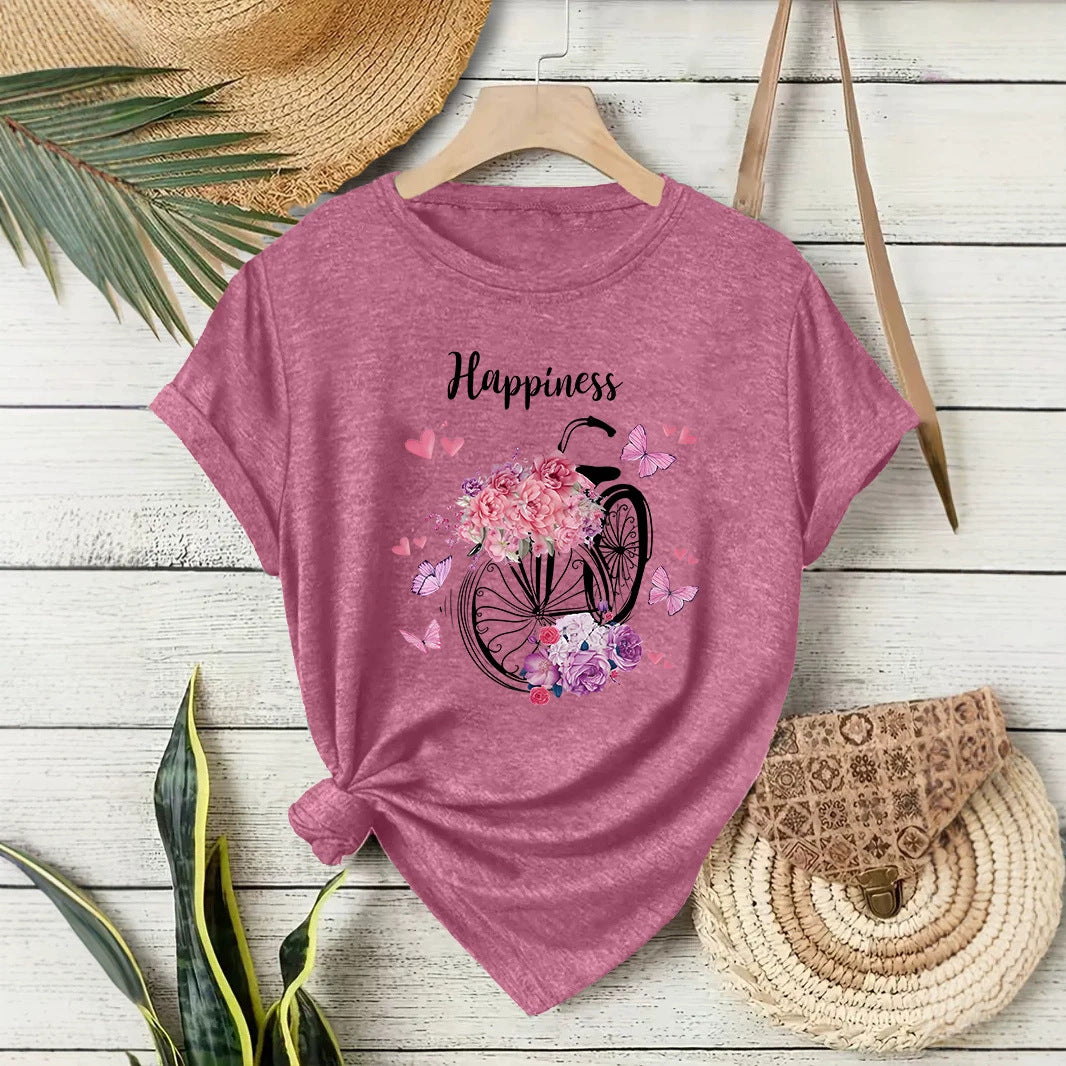 Casual Flowers T-shirt With Short Sleeve In Cotton Featuring Printing