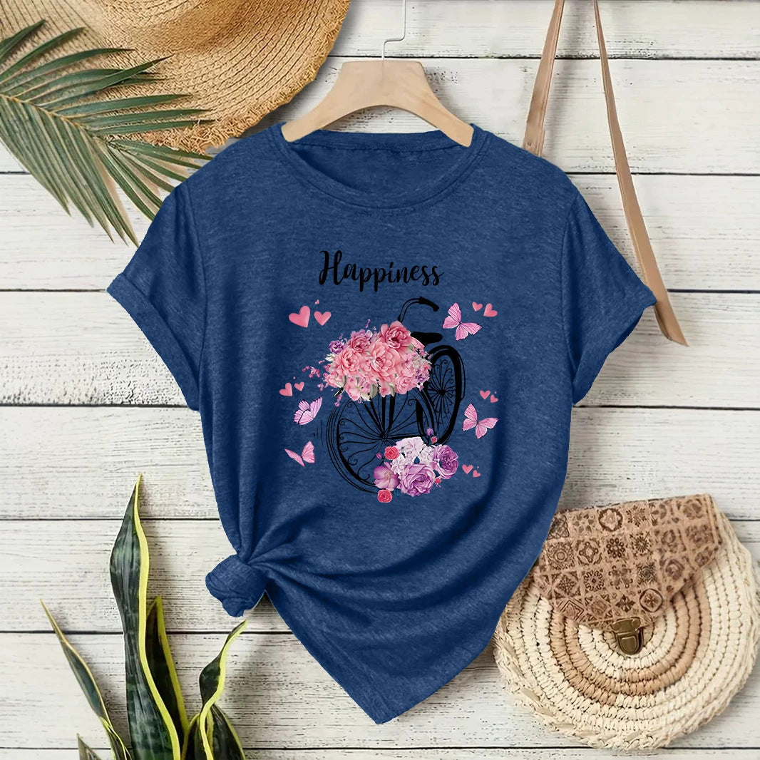 Casual Flowers T-shirt With Short Sleeve In Cotton Featuring Printing