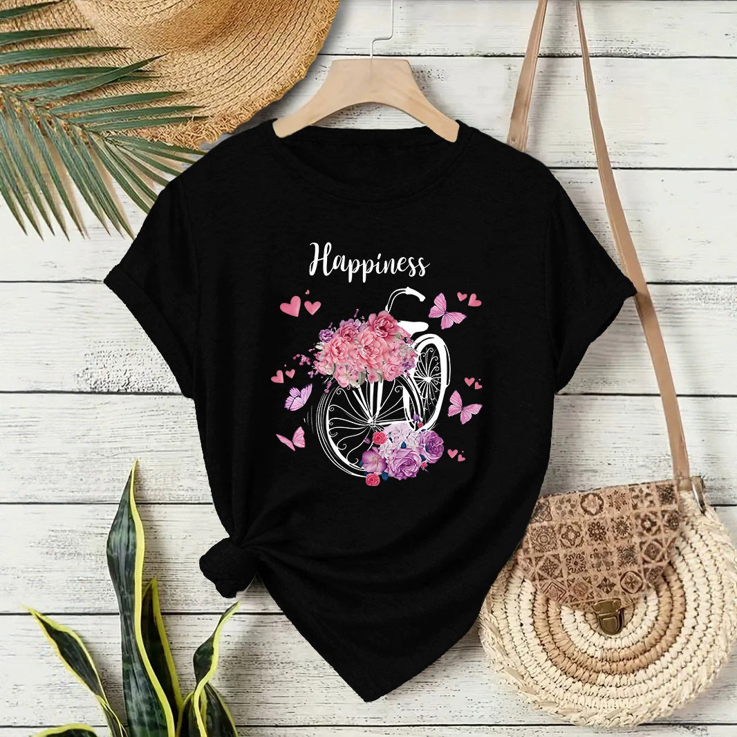 Casual Flowers T-shirt With Short Sleeve In Cotton Featuring Printing