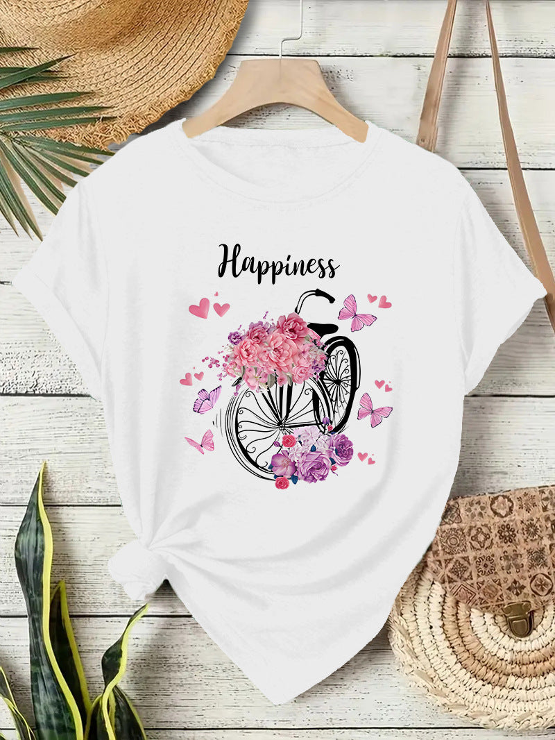 Casual Flowers T-shirt With Short Sleeve In Cotton Featuring Printing