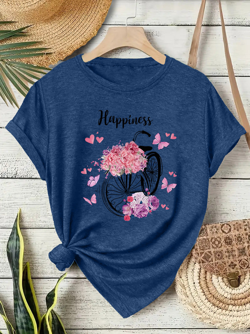 Casual Flowers T-shirt With Short Sleeve In Cotton Featuring Printing