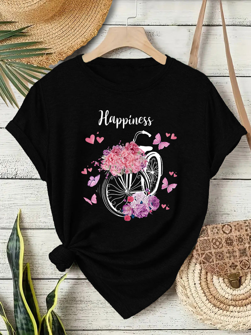 Casual Flowers T-shirt With Short Sleeve In Cotton Featuring Printing